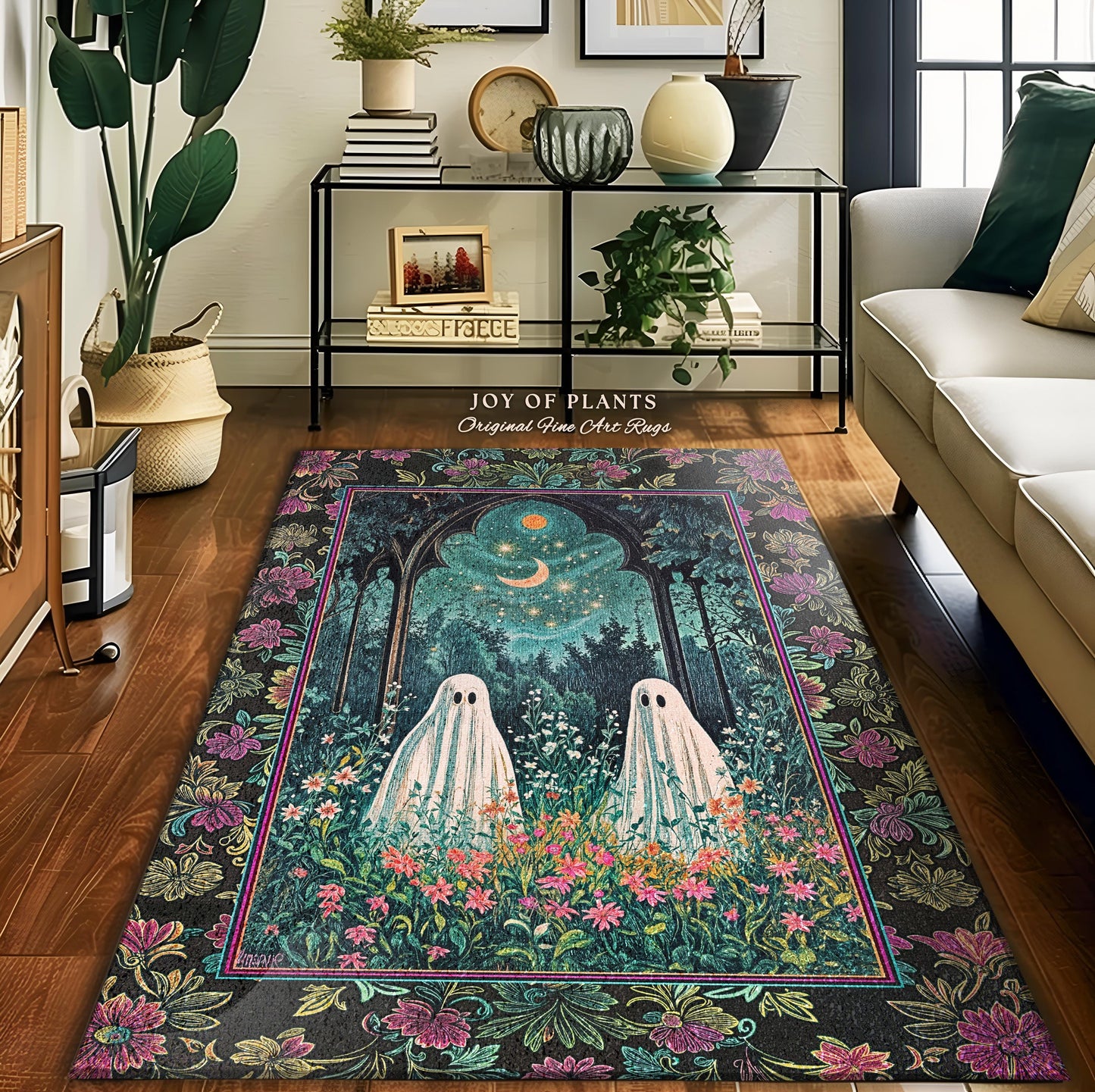 Moonlight Meadow Ghost Friends Rug | Floral Garden Cozy Rug Feral Cottage Accent Ghost Gathering Celestial Dreamy Autumn Whimsy Aesthetic |