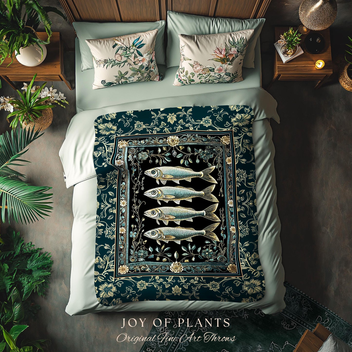 Maximalist Sea Life Sardine Throw Blanket | Coastal Folklore Woven Wall Tapestry Nautical Rustic Oceancore Costal Fish Marine Themed Decor |