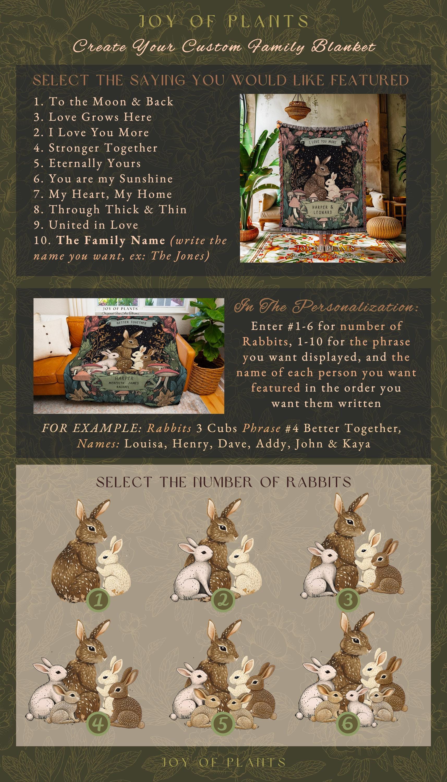 Family Bunnies Personalized Woven Tapestry | Woodland Cottagecore Throw Blanket Celestial Decor Custom Names Gift Sentimental From Children