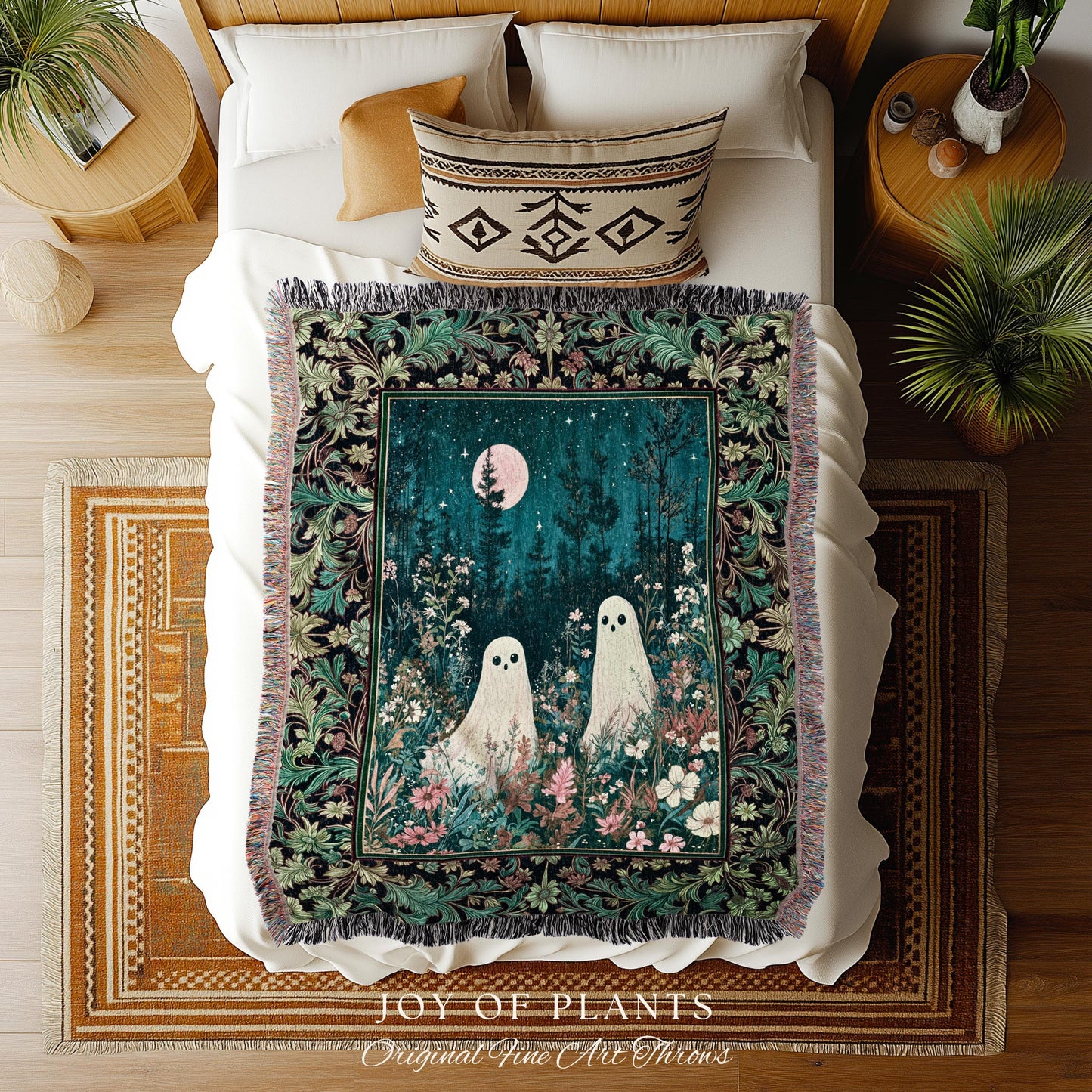 Ghost Friends Wildflower Moon Tapestry | Cute Whimsigothic Decoration Spooky Vibes Haunted Forest Cottagecore Decor Artistic Botanical Cozy