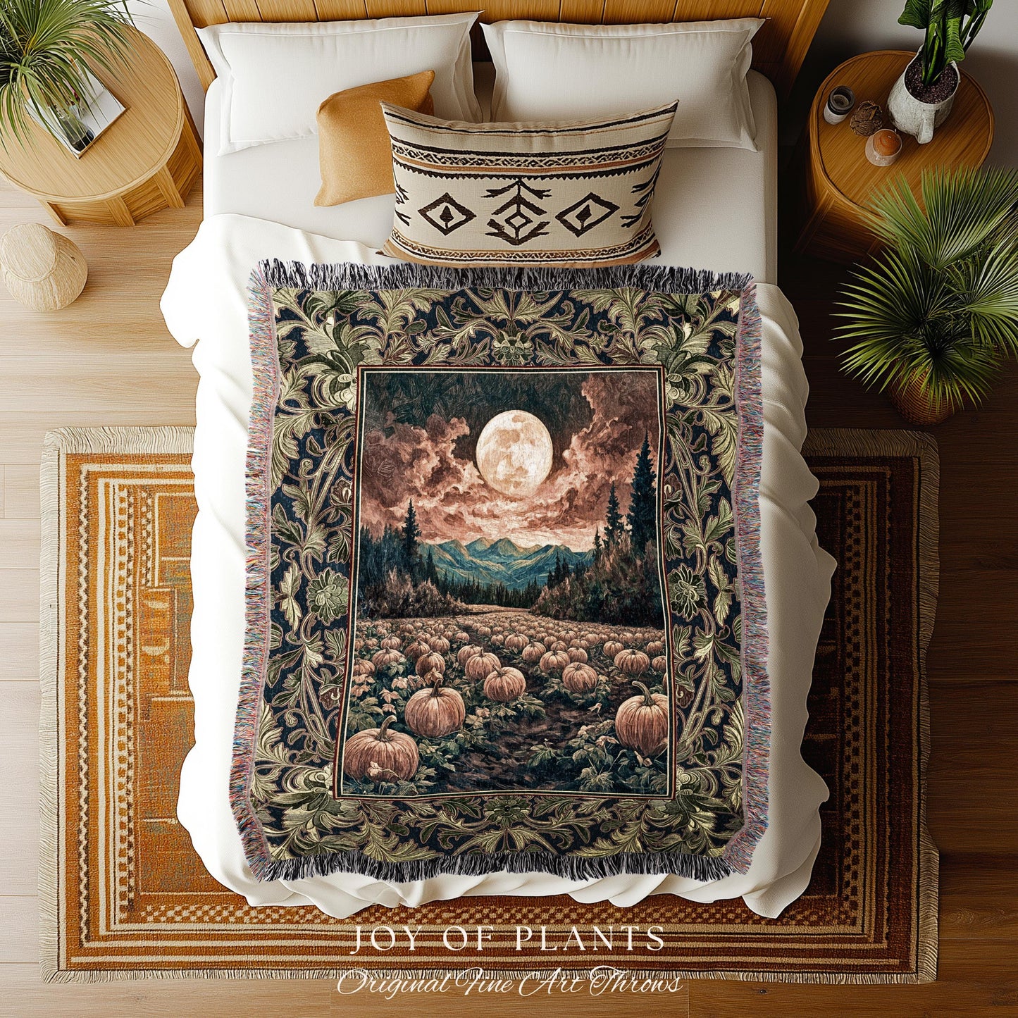 Witchy Aesthetic Woodland Autumn Throw | Cozy Gothic Whimsigoth Vibes Spooky Pumpkin Patch Decor Fall Accent Rustic Halloween Woven Tapestry