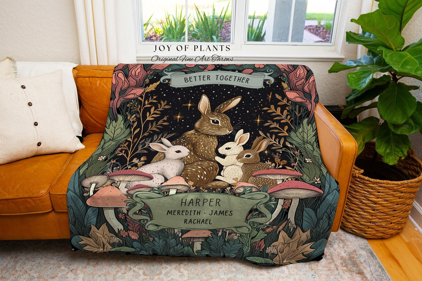 Family Bunnies Personalized Woven Tapestry | Woodland Cottagecore Throw Blanket Celestial Decor Custom Names Gift Sentimental From Children