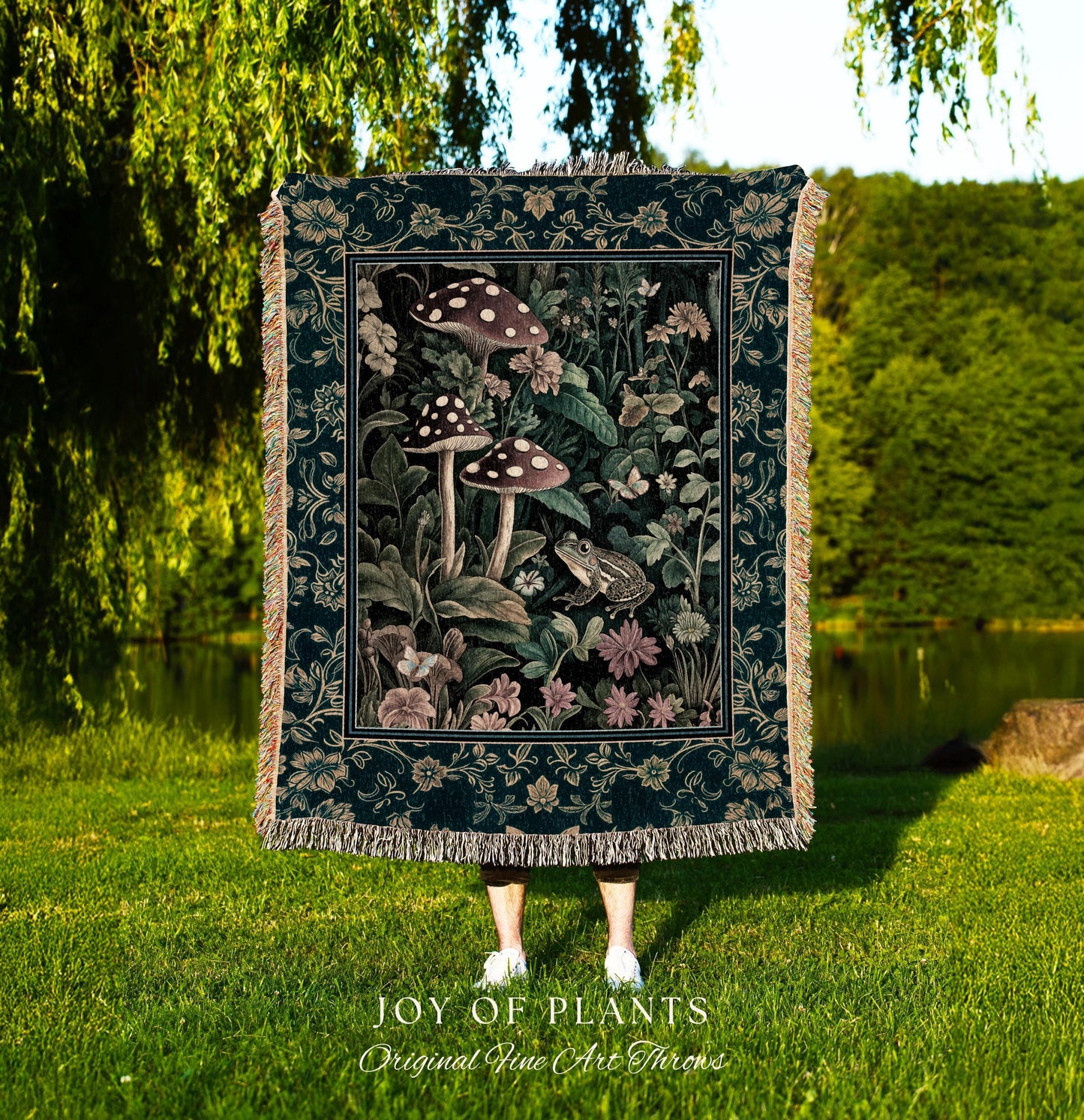 Fairytale Forest Mushroom Frog Tapestry | Trendy Aesthetic Cottagecore Botanical Woven Blanket for Emerald Green Funky Woodland Book Nook |