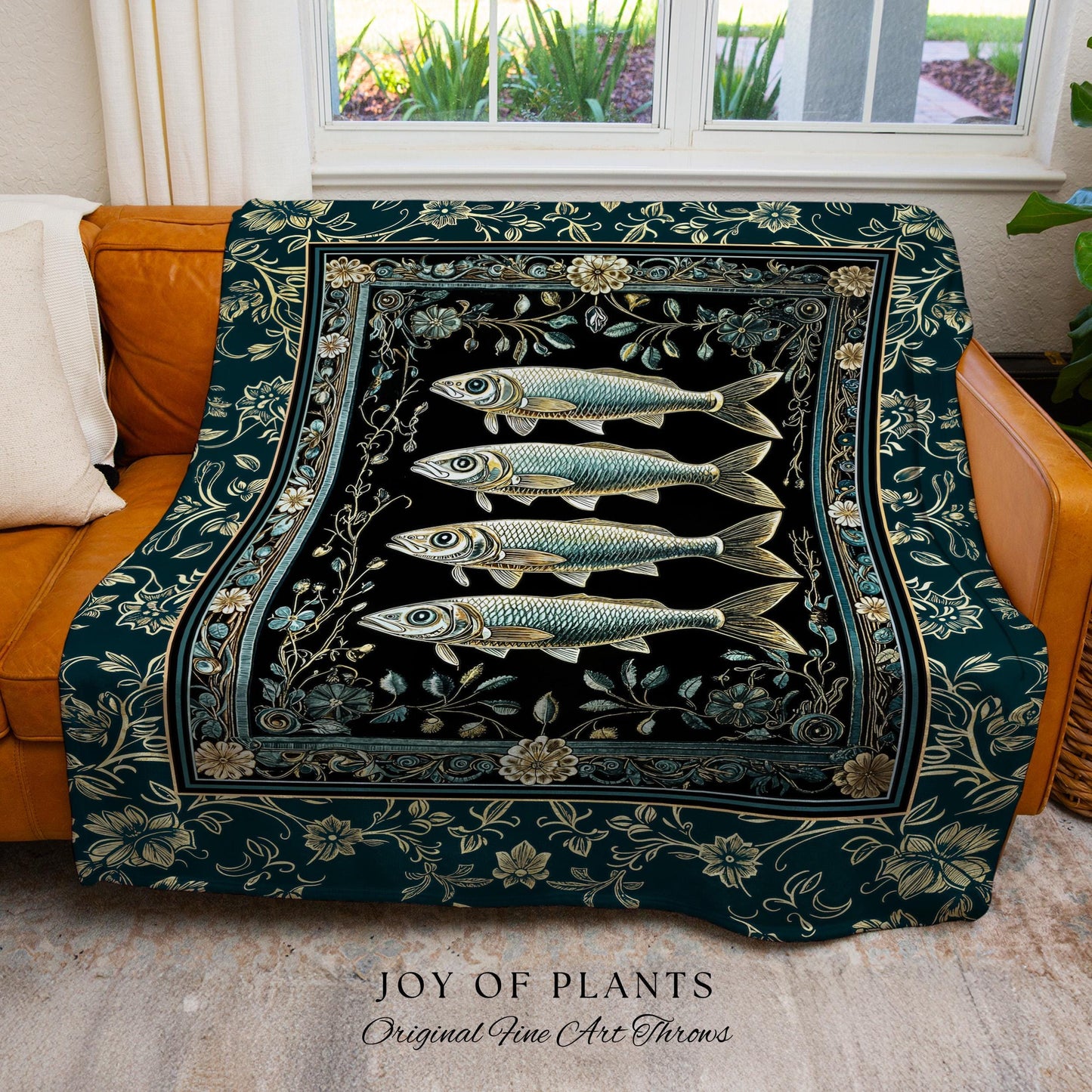 Maximalist Sea Life Sardine Throw Blanket | Coastal Folklore Woven Wall Tapestry Nautical Rustic Oceancore Costal Fish Marine Themed Decor |