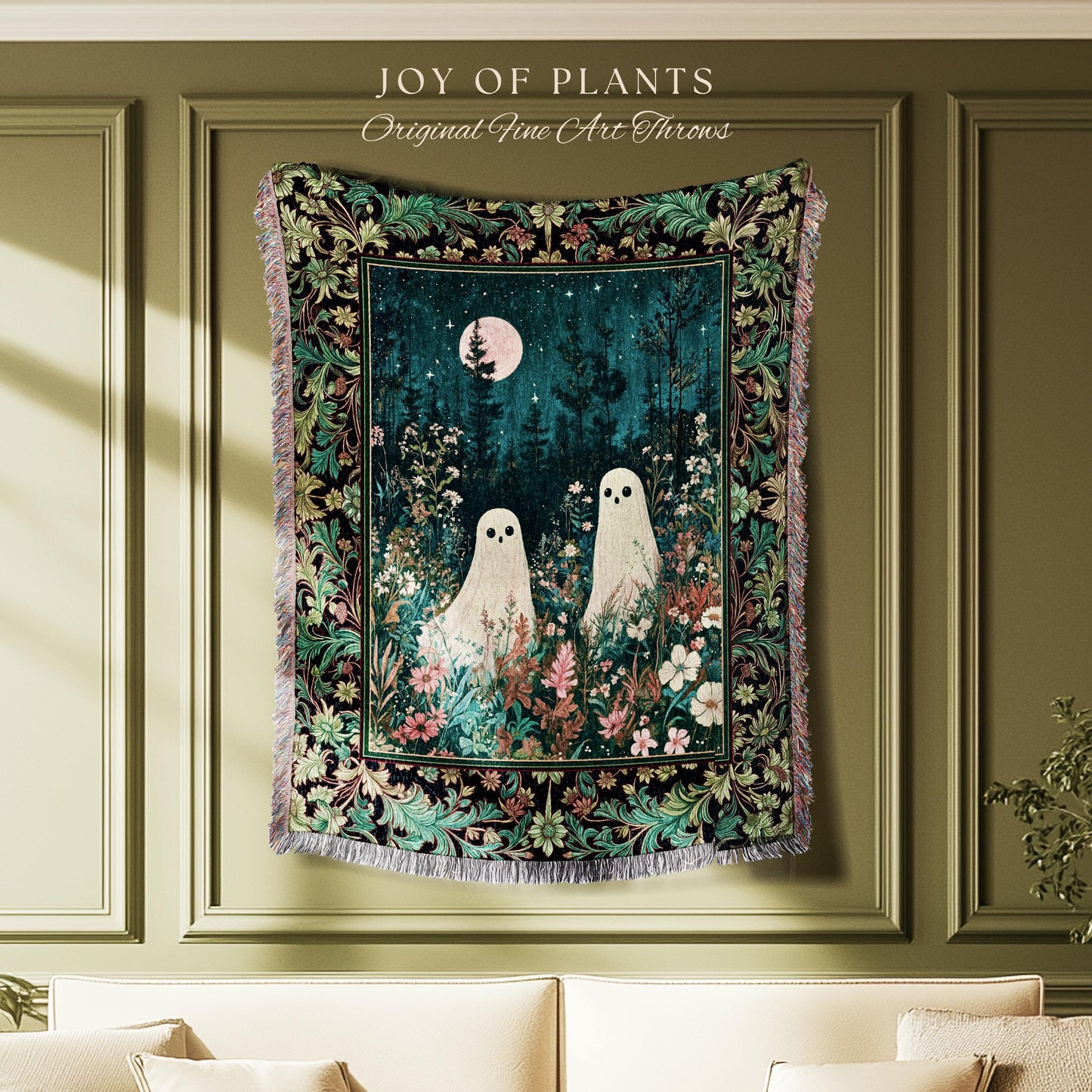 Ghost Friends Wildflower Moon Tapestry | Cute Whimsigothic Decoration Spooky Vibes Haunted Forest Cottagecore Decor Artistic Botanical Cozy