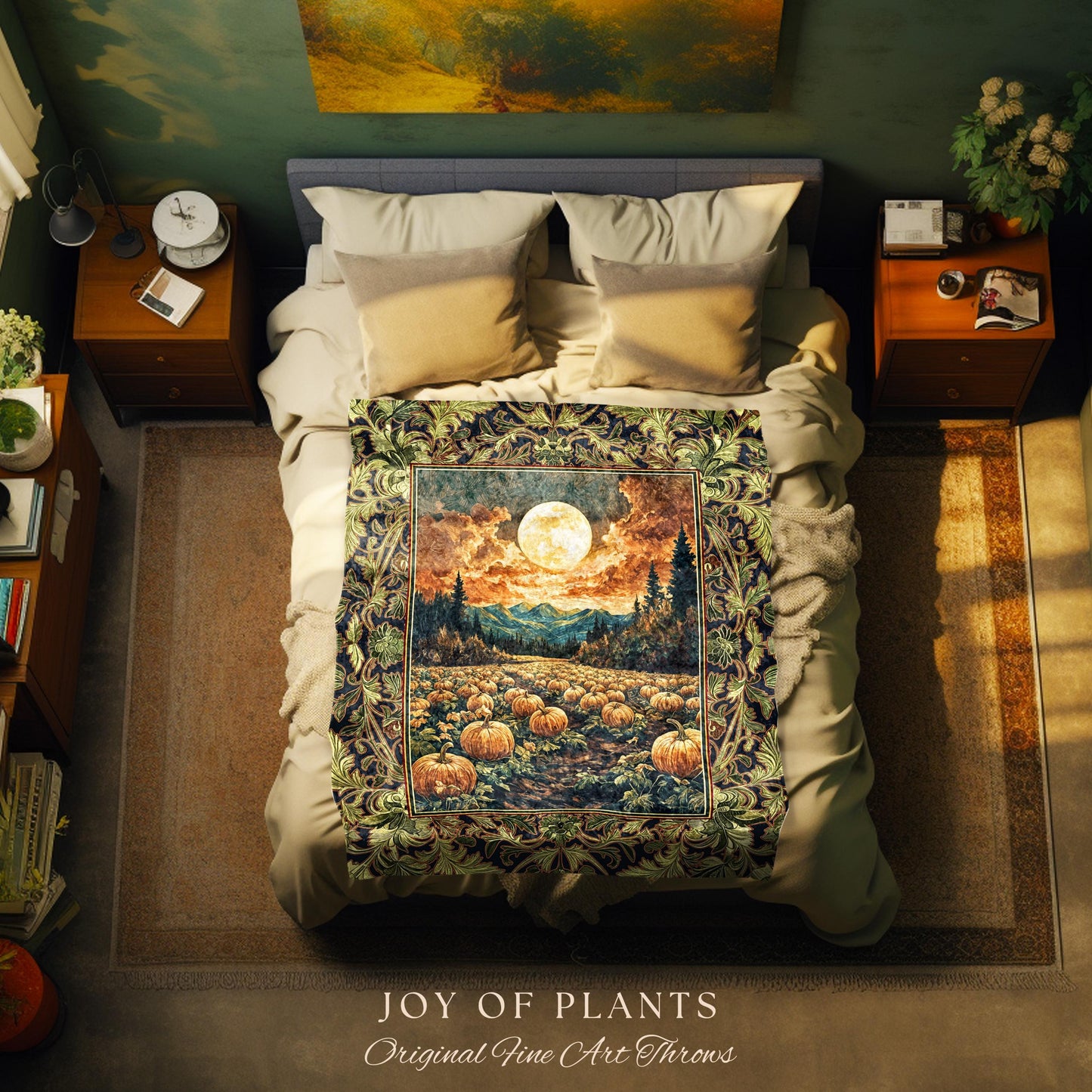 Witchy Aesthetic Woodland Autumn Throw | Cozy Gothic Whimsigoth Vibes Spooky Pumpkin Patch Decor Fall Accent Rustic Halloween Woven Tapestry