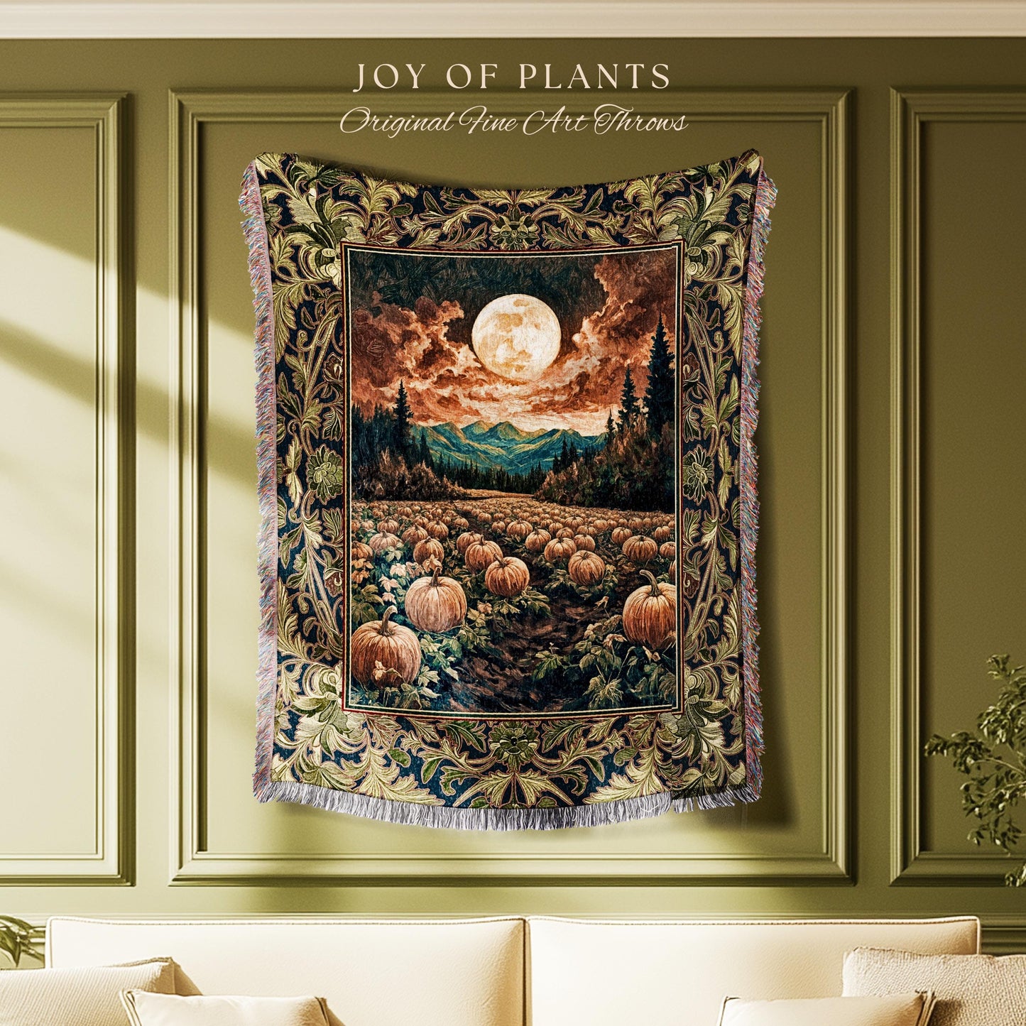 Witchy Aesthetic Woodland Autumn Throw | Cozy Gothic Whimsigoth Vibes Spooky Pumpkin Patch Decor Fall Accent Rustic Halloween Woven Tapestry