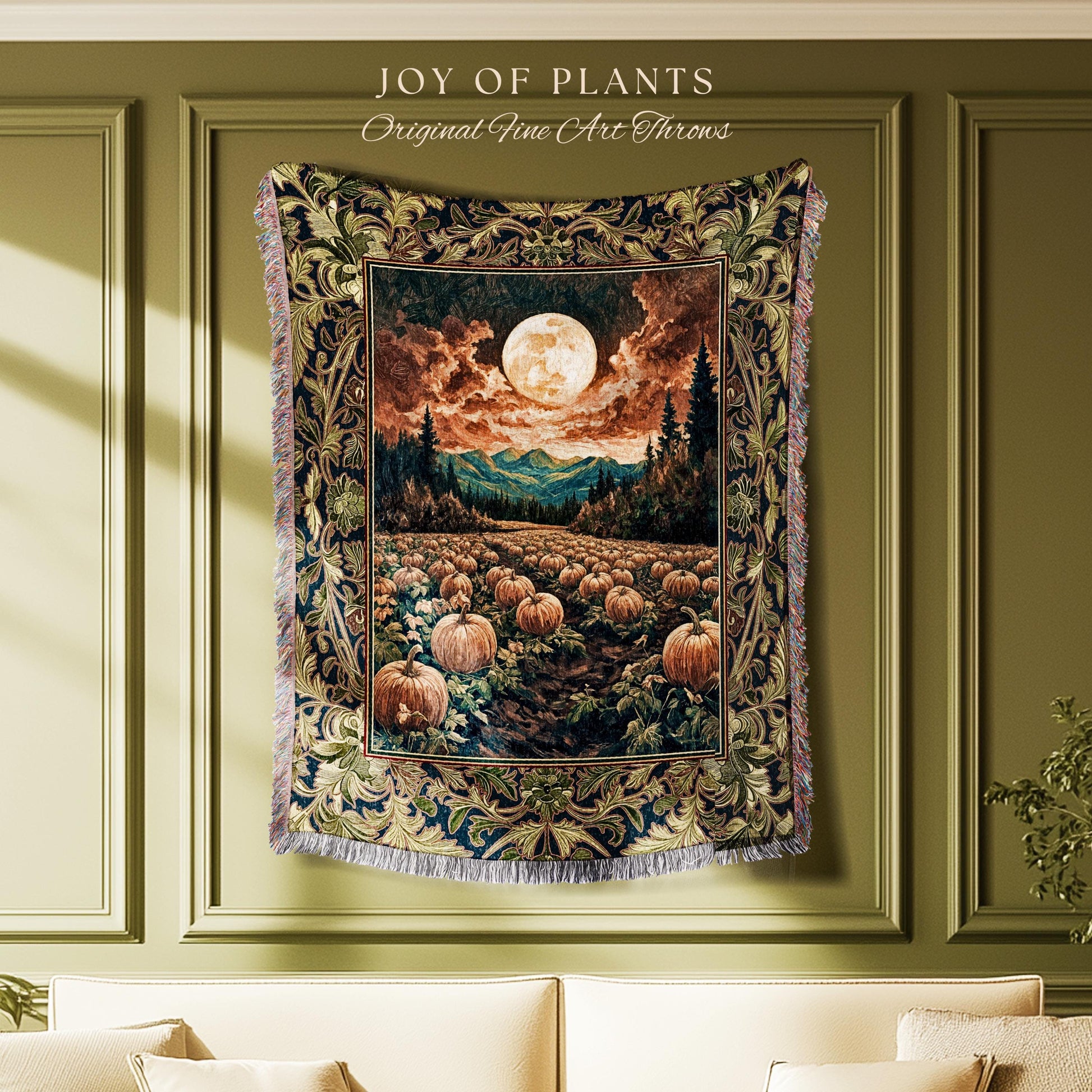 Witchy Aesthetic Woodland Autumn Throw | Cozy Gothic Whimsigoth Vibes Spooky Pumpkin Patch Decor Fall Accent Rustic Halloween Woven Tapestry