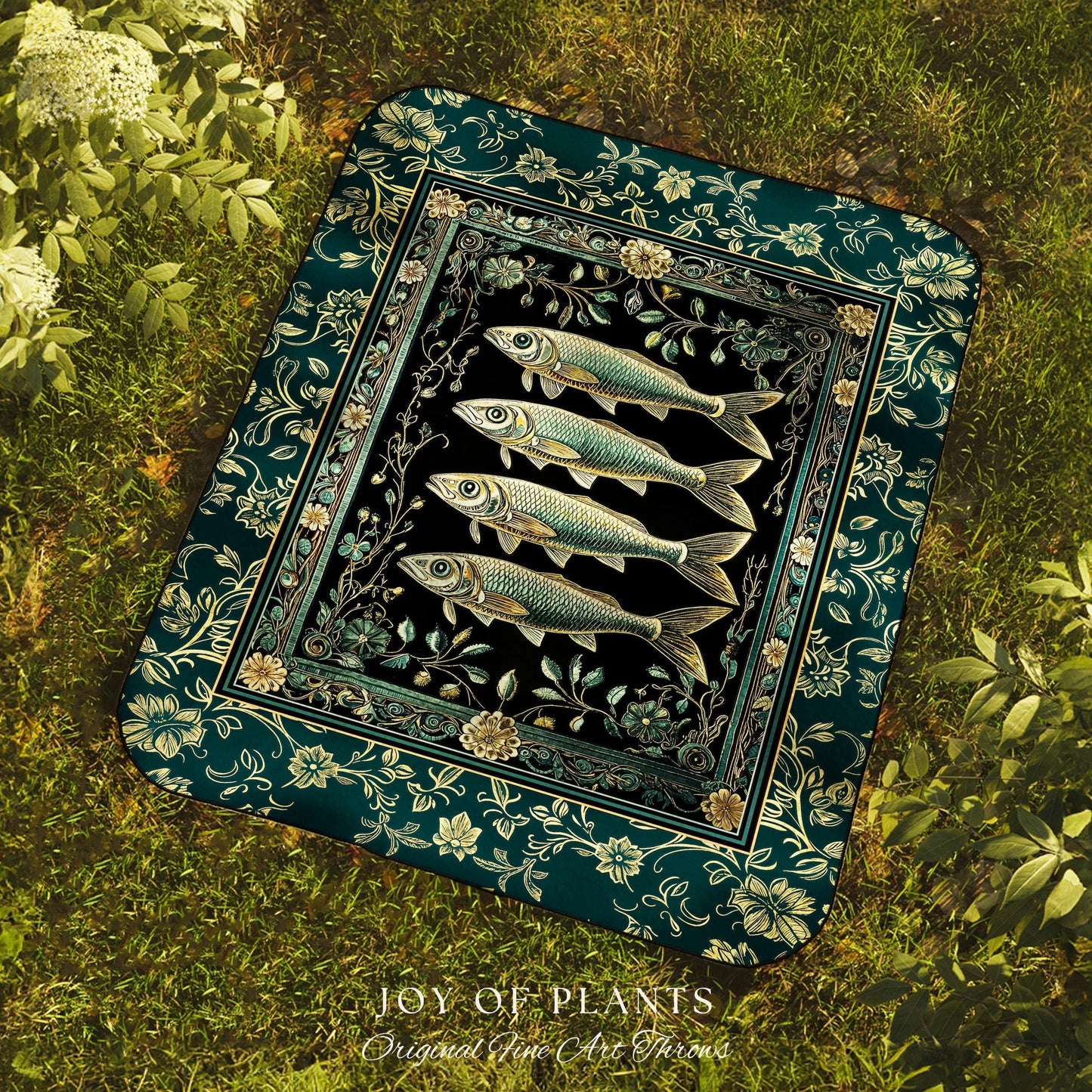 Maximalist Sea Life Sardine Throw Blanket | Coastal Folklore Woven Wall Tapestry Nautical Rustic Oceancore Costal Fish Marine Themed Decor |