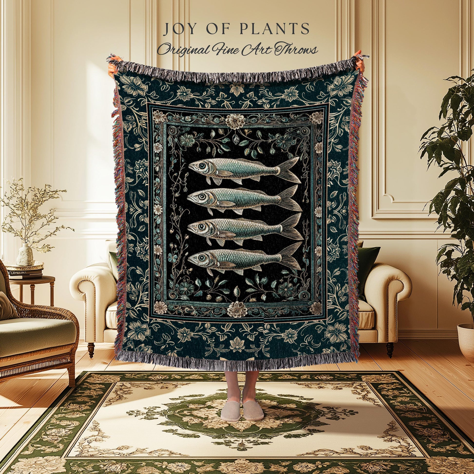 Maximalist Sea Life Sardine Throw Blanket | Coastal Folklore Woven Wall Tapestry Nautical Rustic Oceancore Costal Fish Marine Themed Decor |