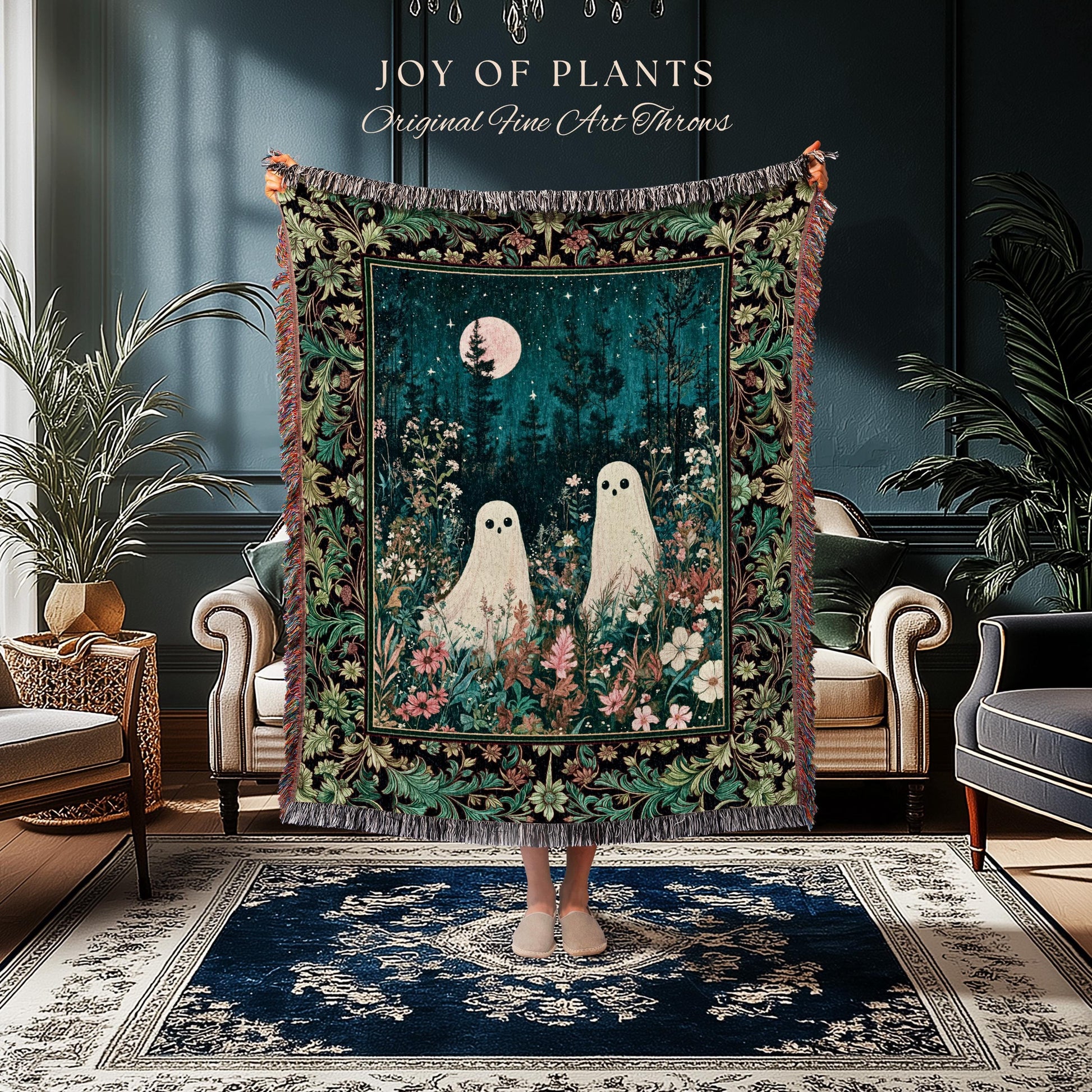 Ghost Friends Wildflower Moon Tapestry | Cute Whimsigothic Decoration Spooky Vibes Haunted Forest Cottagecore Decor Artistic Botanical Cozy