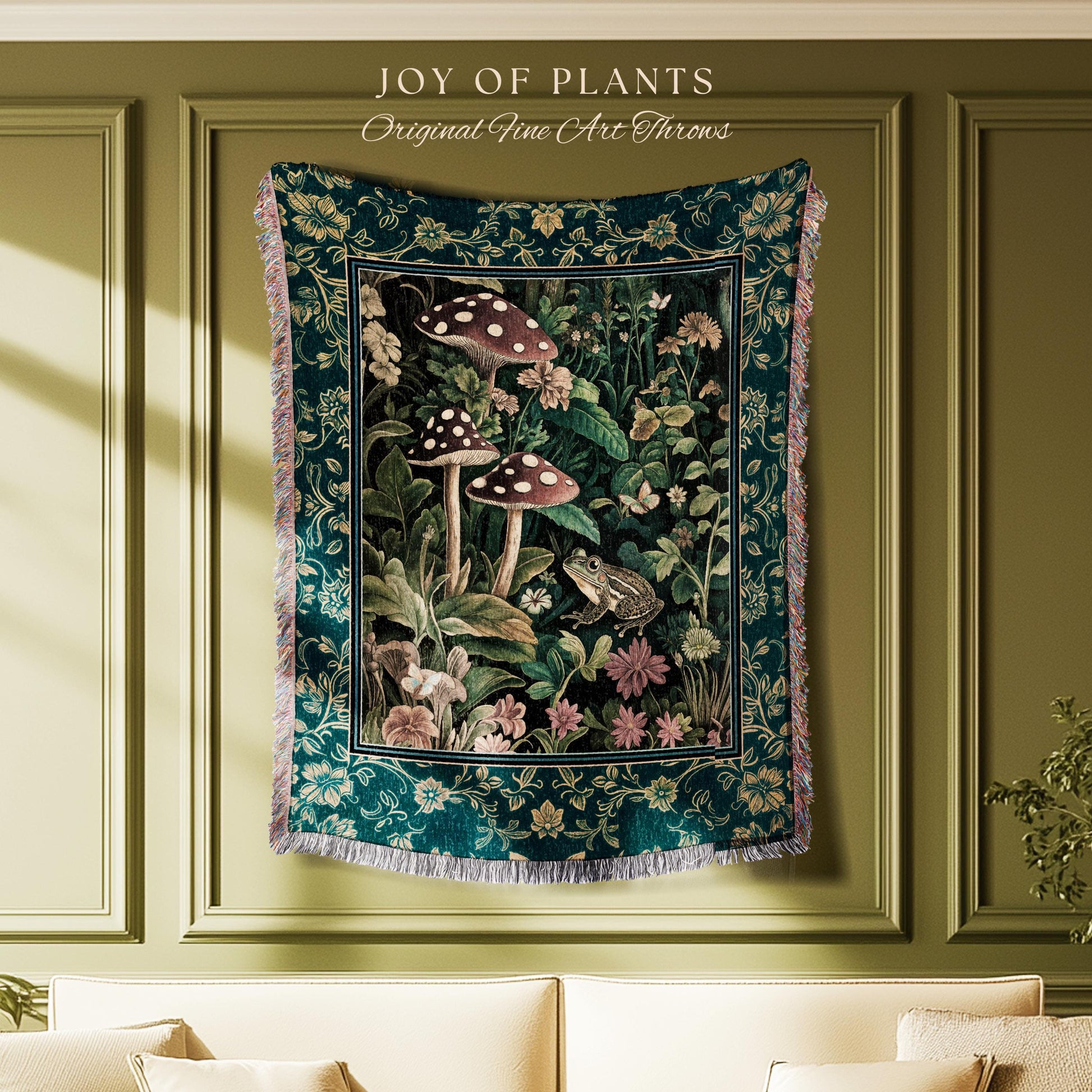 Fairytale Forest Mushroom Frog Tapestry | Trendy Aesthetic Cottagecore Botanical Woven Blanket for Emerald Green Funky Woodland Book Nook |