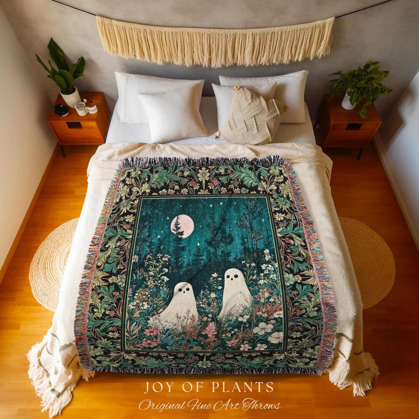 Ghost Friends Wildflower Moon Tapestry | Cute Whimsigothic Decoration Spooky Vibes Haunted Forest Cottagecore Decor Artistic Botanical Cozy