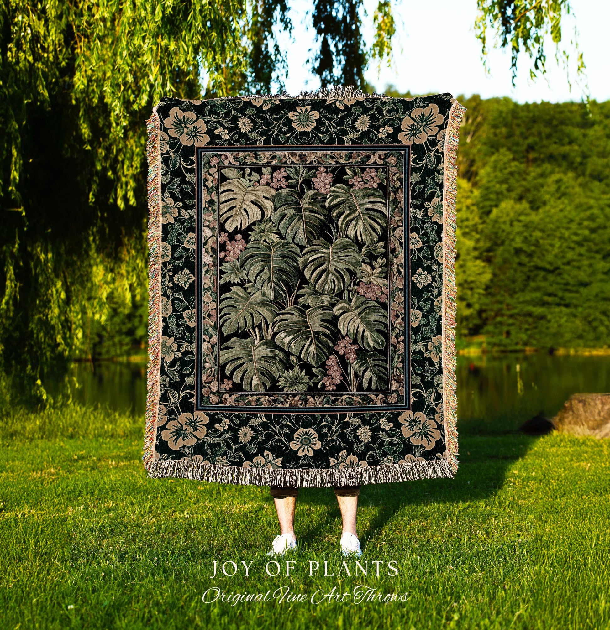 Verdant Flora Jungle Leaves Blanket | Maximalist Forestcore Tapestry Woven Wall Art Whimsical Plant Themed Cottagecore Inspired Home Decor