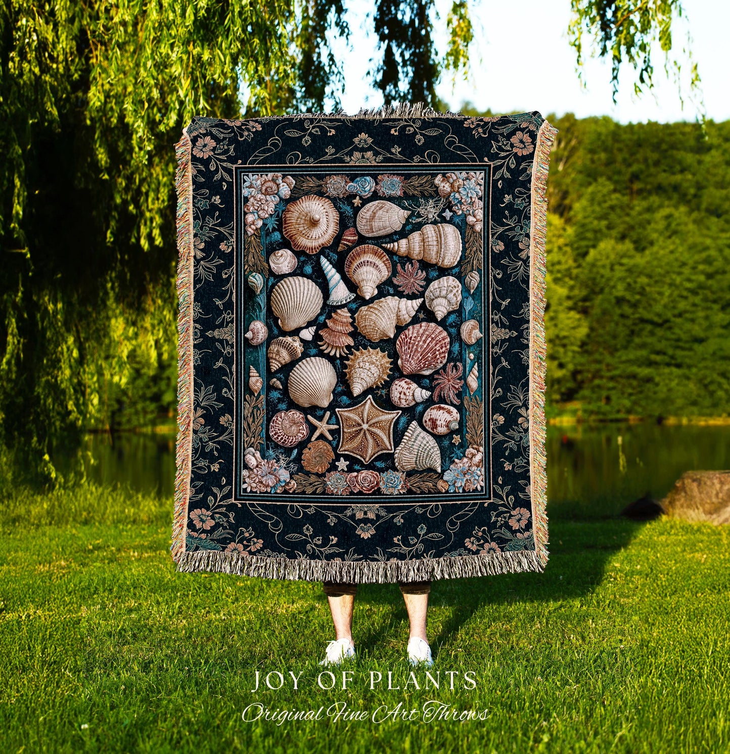 Eclectic Shell Collage Cozy Throw Blanket | Summer Beach House Nautical Bedding Maximalist Aesthetic Mermaidcore Coastal Woven Wall Tapestry