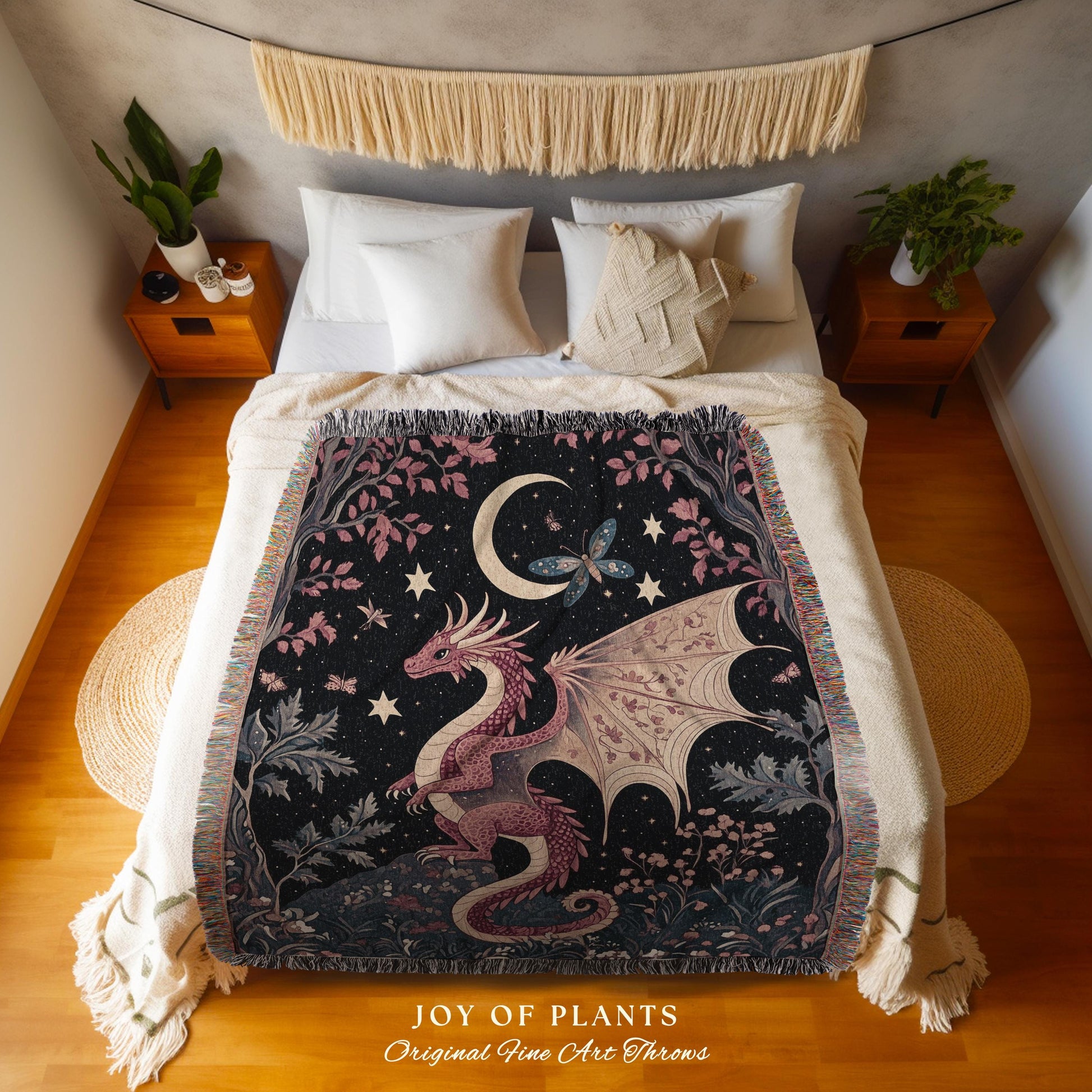 Cozy Gothic Dragon Woven Blanket | Celestial Aesthetic Magical Moonlit Mythical Creature Decor Cozy Rustic Medieval Wall Hanging Art Mystic