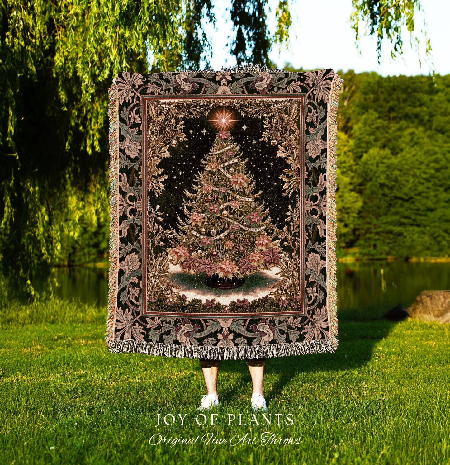 Golden Light Elegant Holiday Throw | Baroque Christmas Woven Wall Tapestry Floral Tree Blanket Ornate Decor Cozy Vintage Holiday Aesthetic