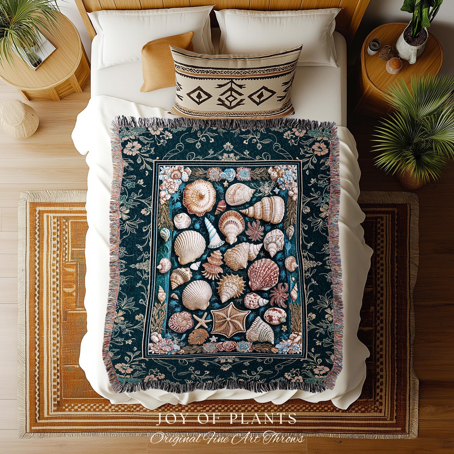 Eclectic Shell Collage Cozy Throw Blanket | Summer Beach House Nautical Bedding Maximalist Aesthetic Mermaidcore Coastal Woven Wall Tapestry