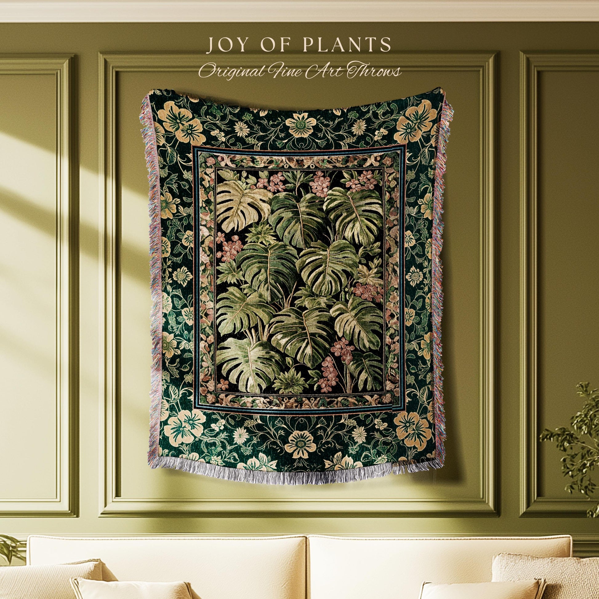 Verdant Flora Jungle Leaves Blanket | Maximalist Forestcore Tapestry Woven Wall Art Whimsical Plant Themed Cottagecore Inspired Home Decor