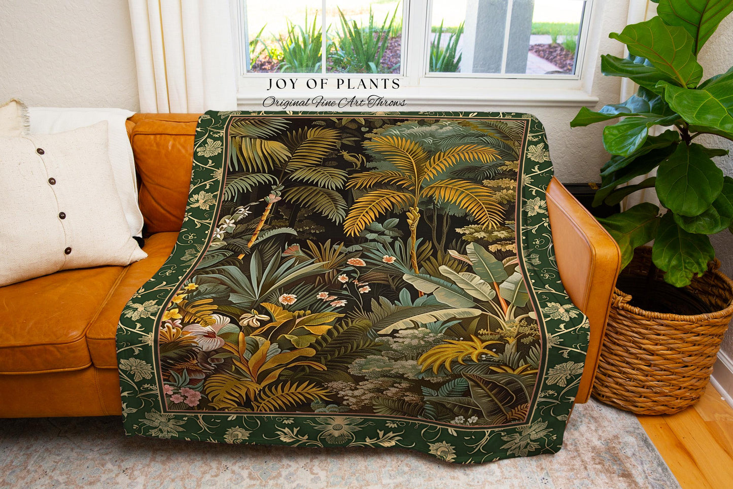 Maximalist Botanical Jungle Throw Blanket | Exotic Leaf Tropical Nature Theme Bedroom Decor Vintage Elegance Living Room Woven Tapestry |