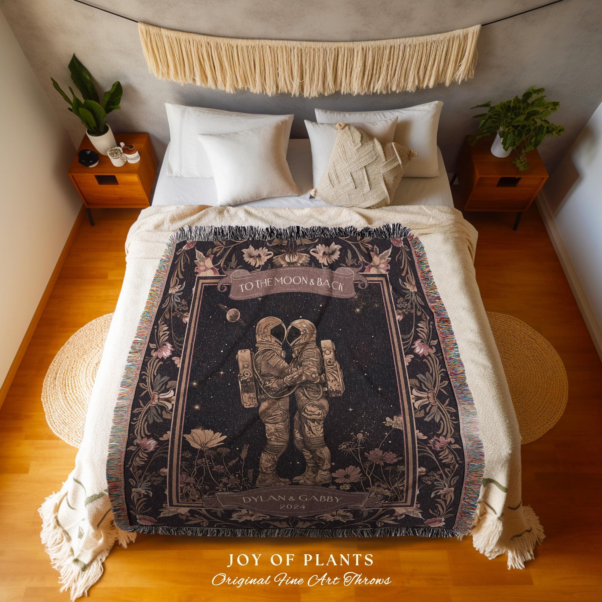 Space Lovers Celestial Woven Tapestry Blanket | Astral Design His and Hers Anniversary Gift Cosmic Love Romantic To The Moon & Back Custom |