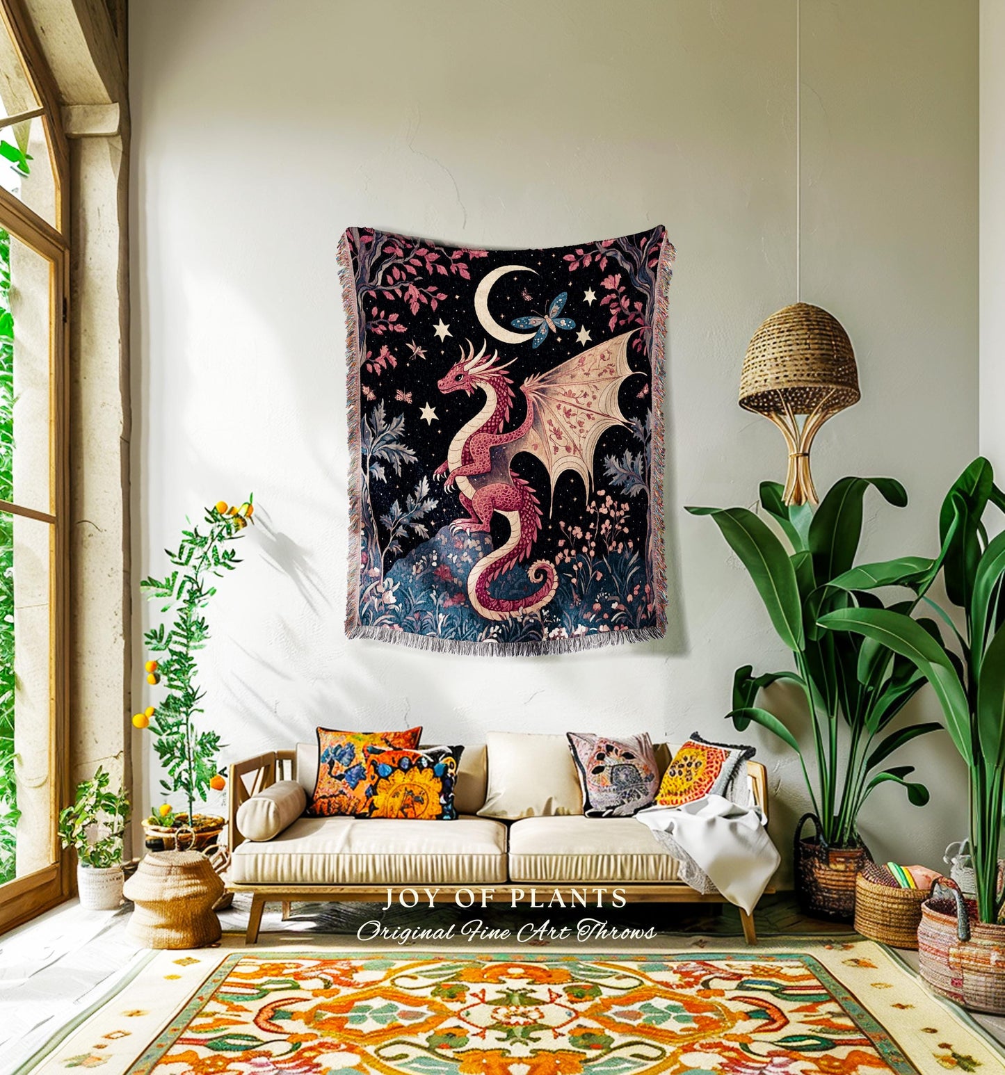 Cozy Gothic Dragon Woven Blanket | Celestial Aesthetic Magical Moonlit Mythical Creature Decor Cozy Rustic Medieval Wall Hanging Art Mystic