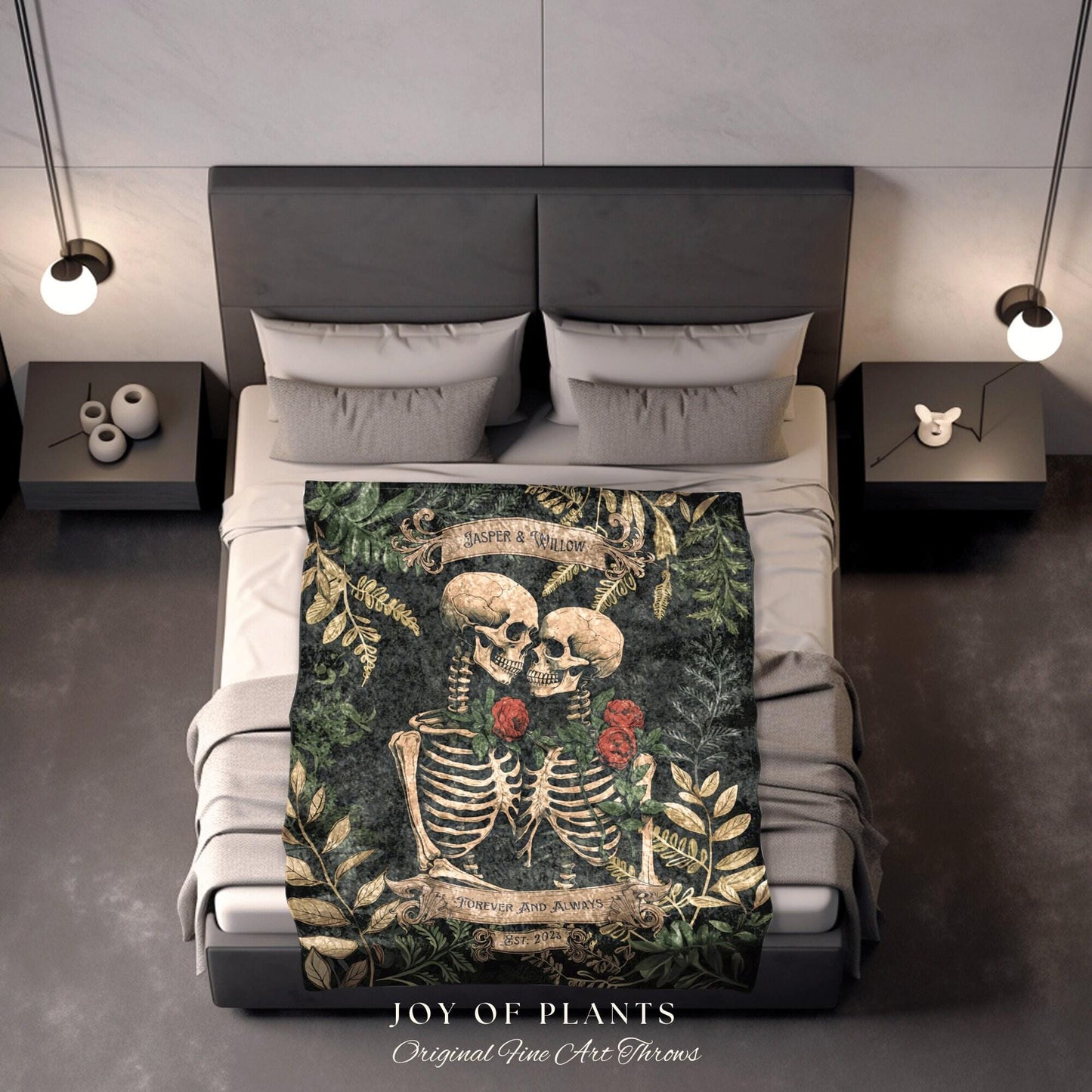 Skeleton Lovers Personalized Blanket | Gothic Wedding Custom Blanket Woven Tapestry Spooky Wedding Personalized Anniversary Gift For Goths |