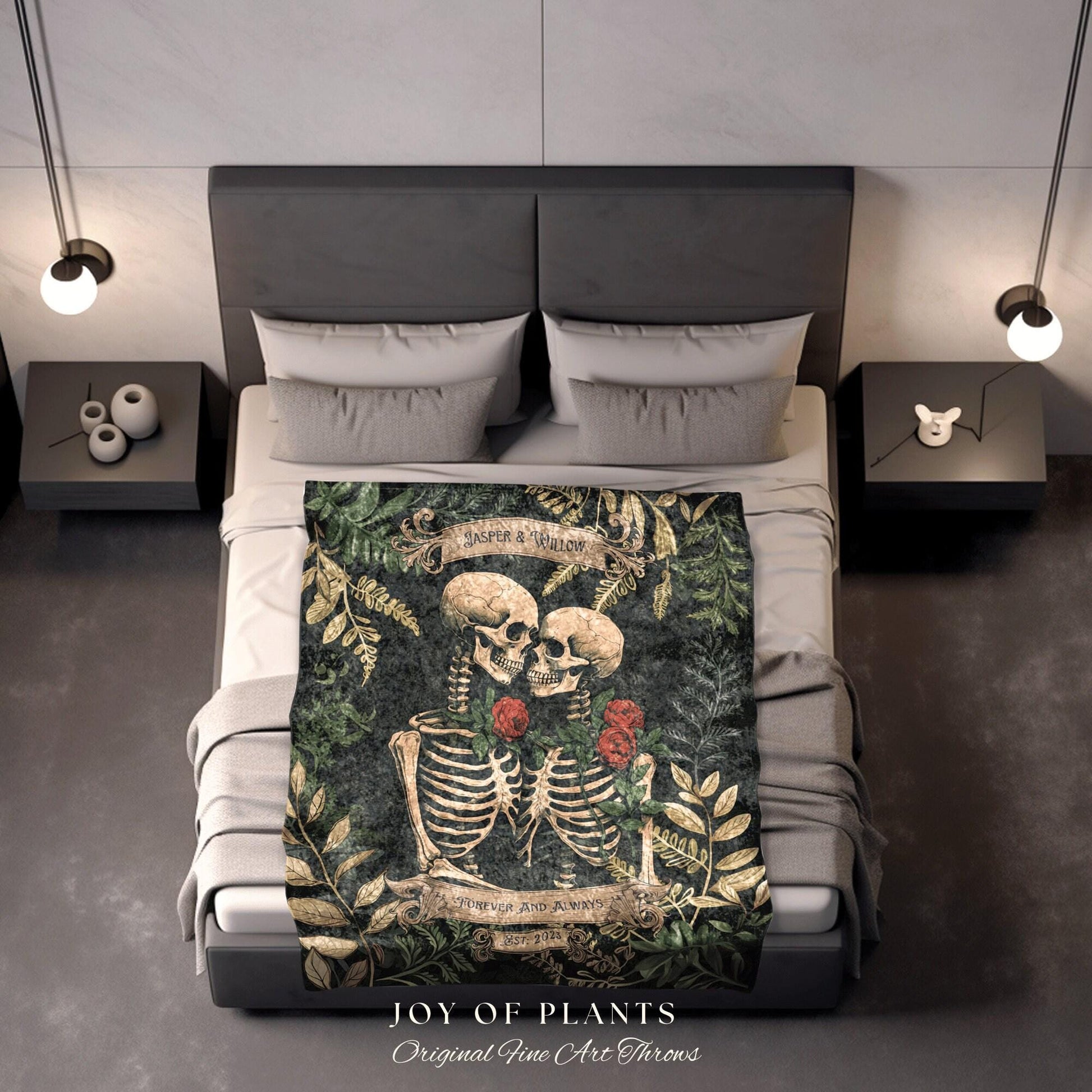 Skeleton Lovers Personalized Blanket | Gothic Wedding Custom Blanket Woven Tapestry Spooky Wedding Personalized Anniversary Gift For Goths |