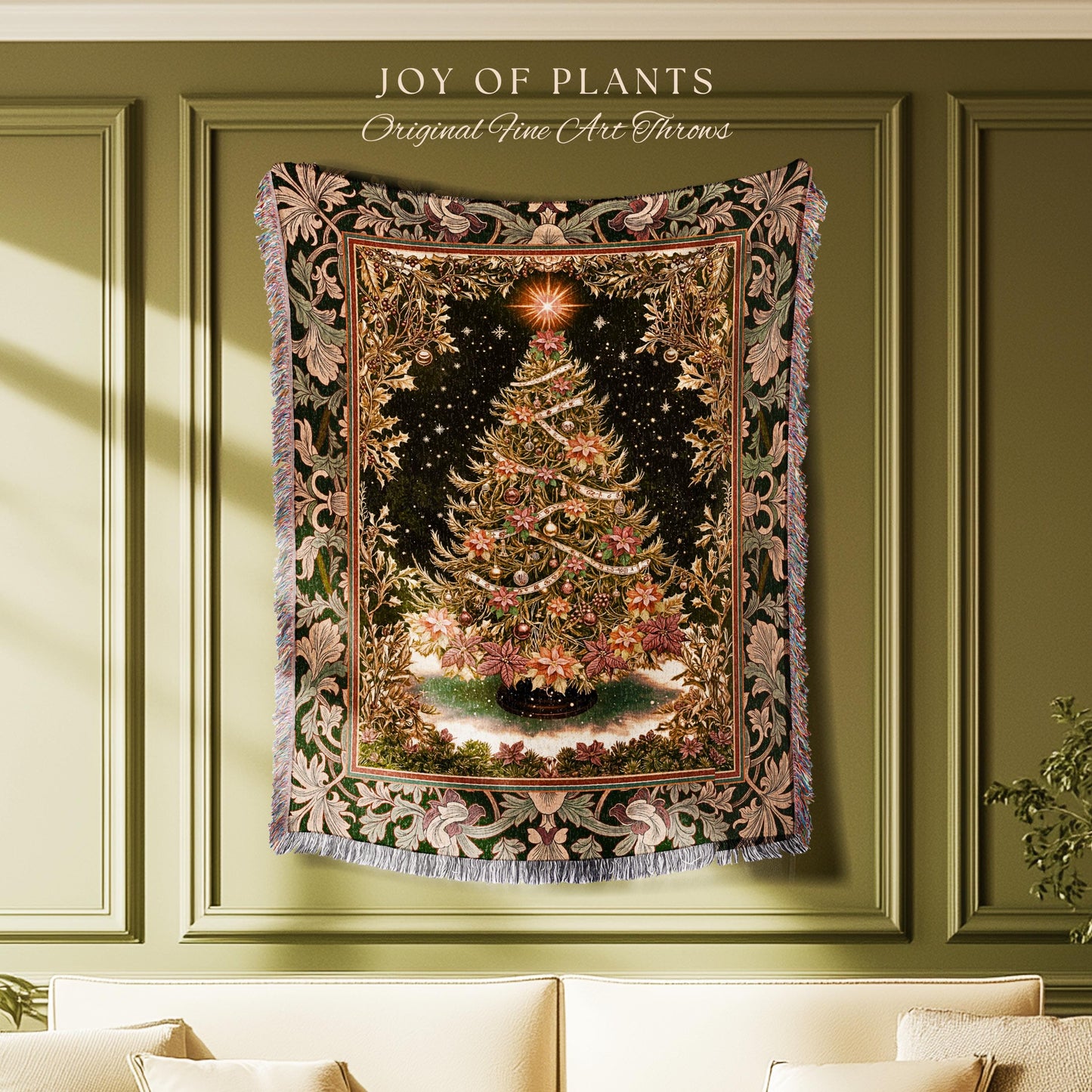 Golden Light Elegant Holiday Throw | Baroque Christmas Woven Wall Tapestry Floral Tree Blanket Ornate Decor Cozy Vintage Holiday Aesthetic