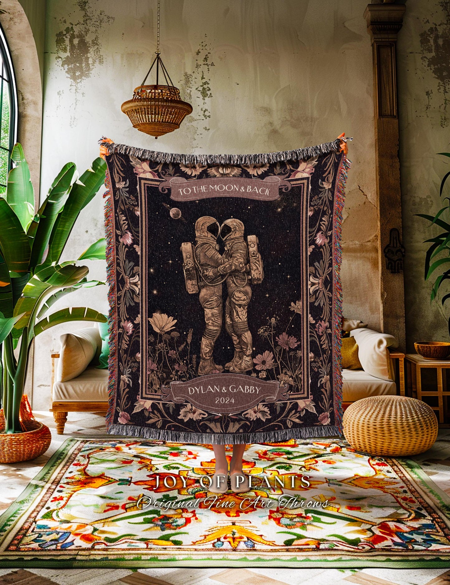 Space Lovers Celestial Woven Tapestry Blanket | Astral Design His and Hers Anniversary Gift Cosmic Love Romantic To The Moon & Back Custom |