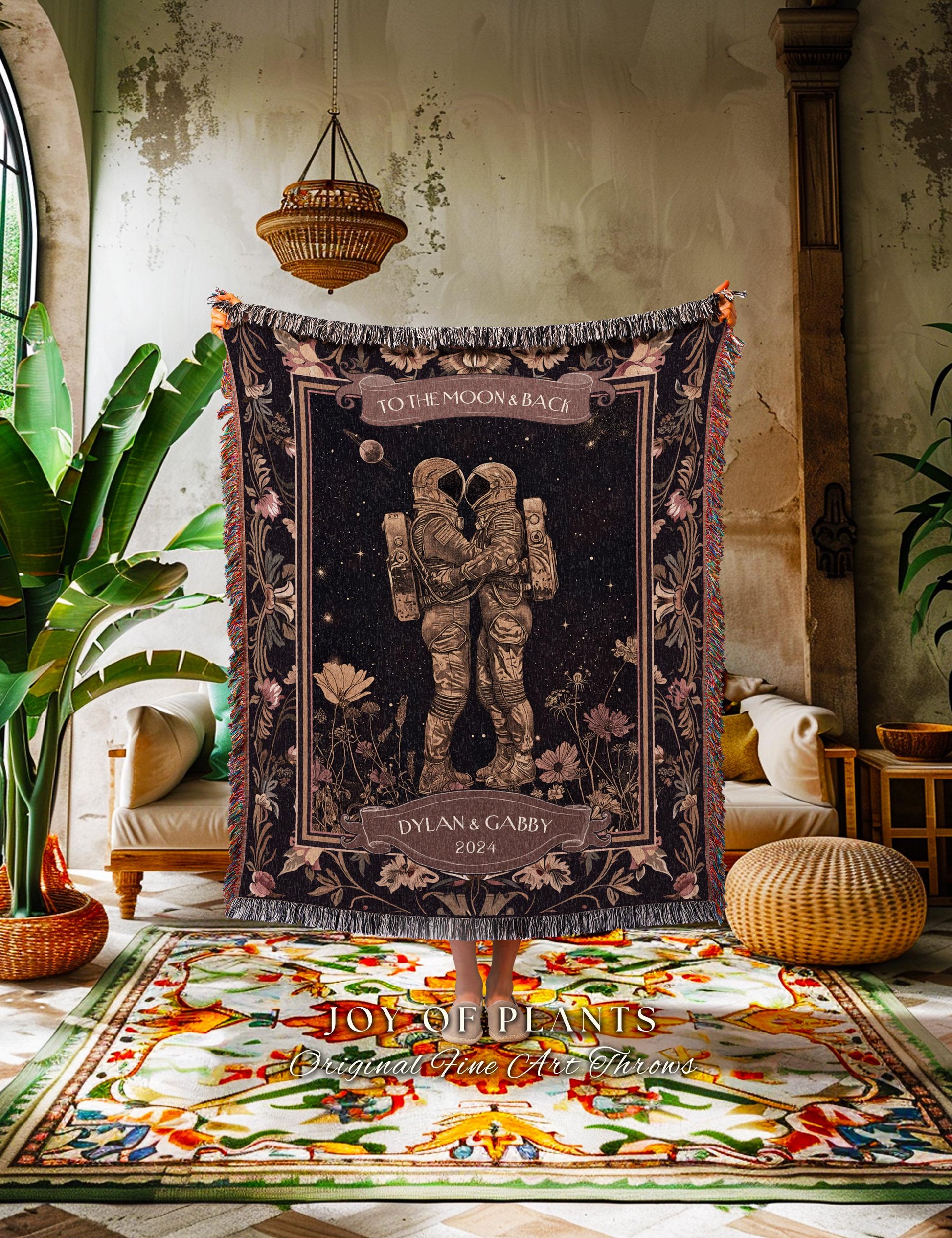 Space Lovers Celestial Woven Tapestry Blanket | Astral Design His and Hers Anniversary Gift Cosmic Love Romantic To The Moon & Back Custom |