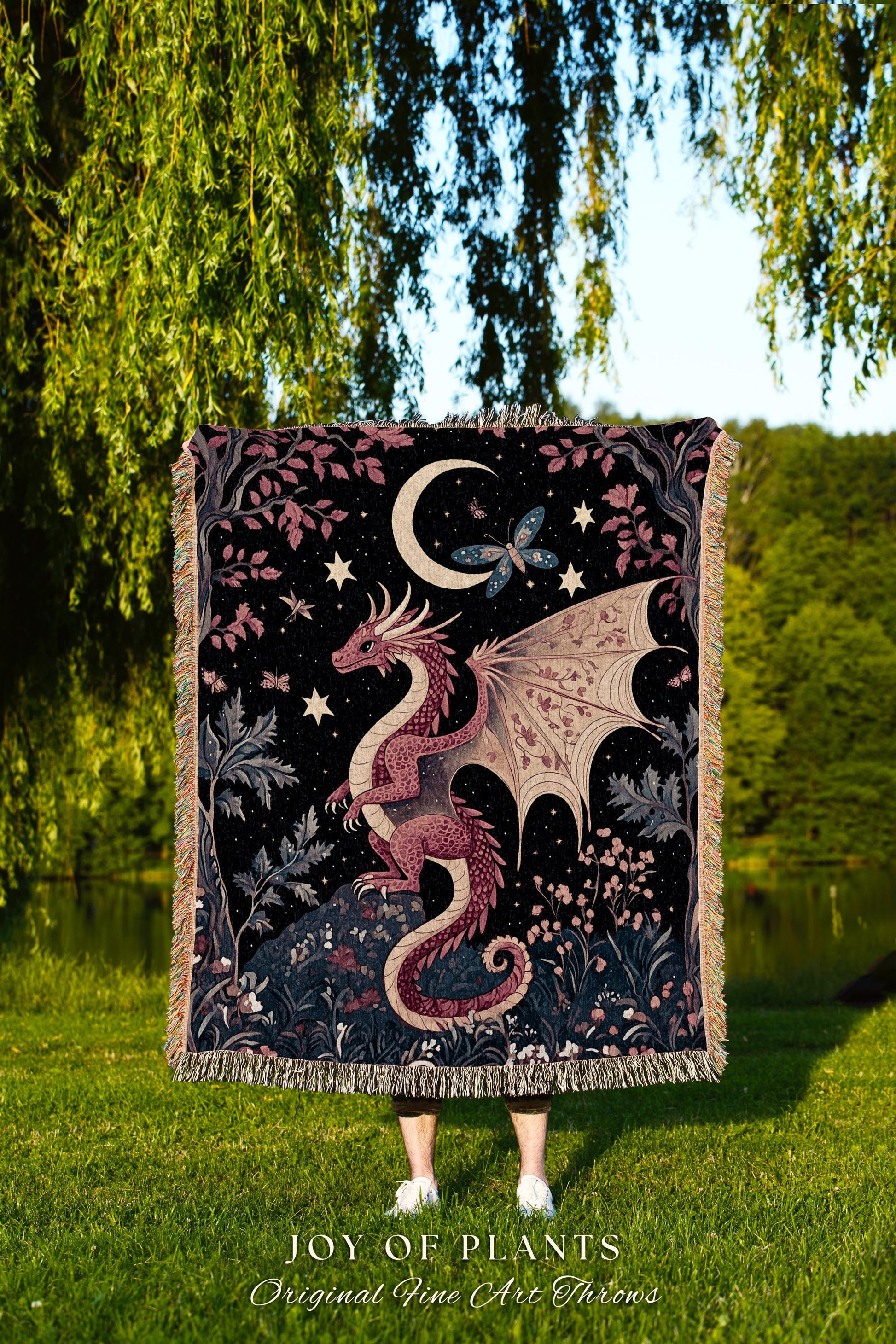 Cozy Gothic Dragon Woven Blanket | Celestial Aesthetic Magical Moonlit Mythical Creature Decor Cozy Rustic Medieval Wall Hanging Art Mystic