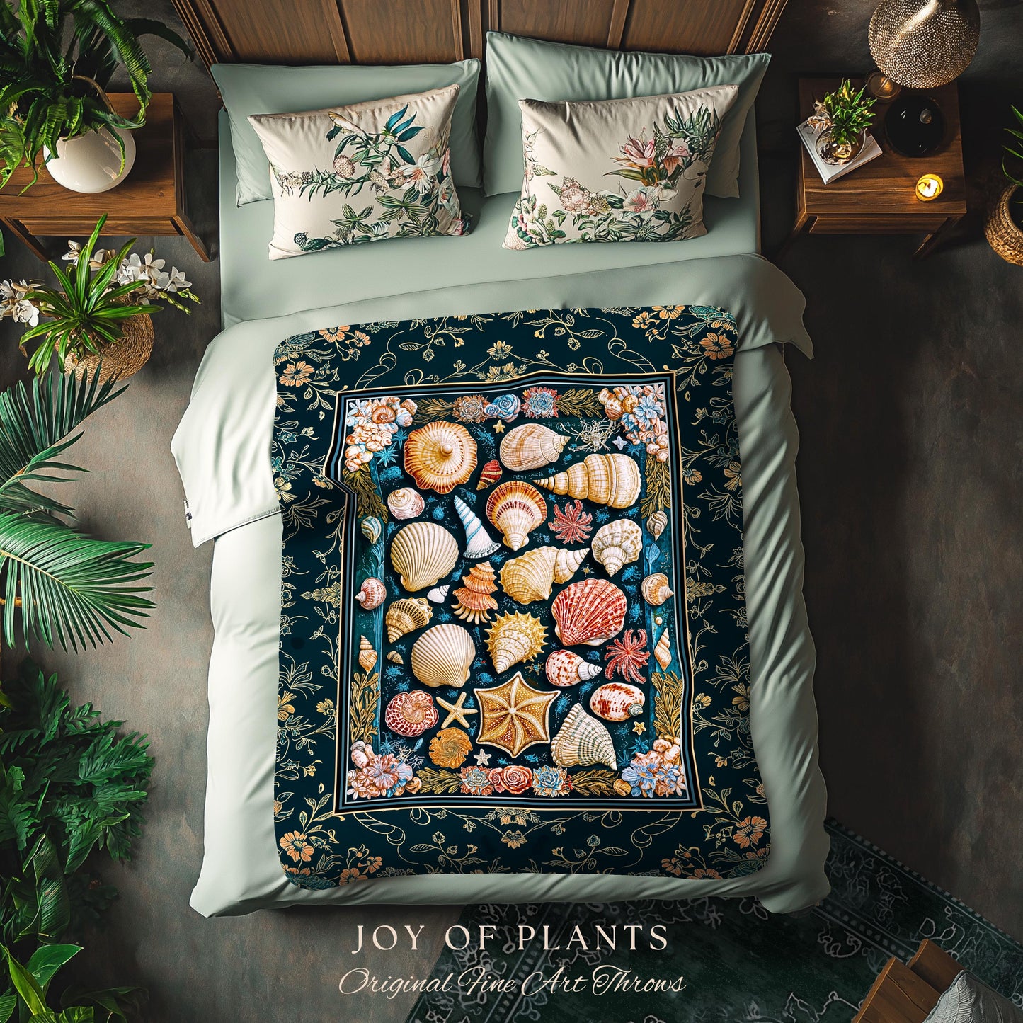 Eclectic Shell Collage Cozy Throw Blanket | Summer Beach House Nautical Bedding Maximalist Aesthetic Mermaidcore Coastal Woven Wall Tapestry