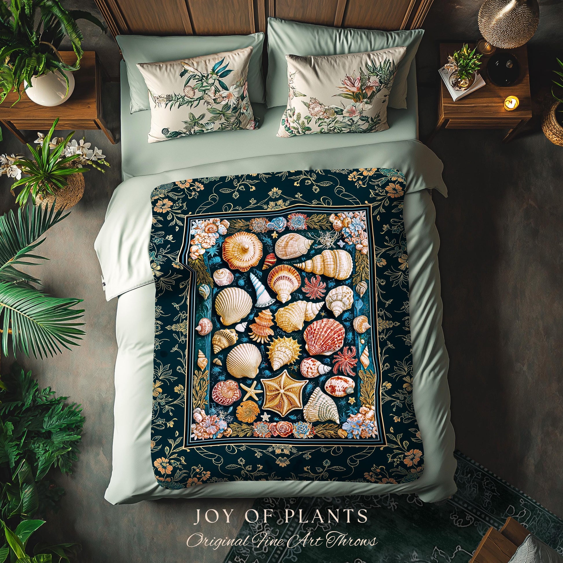 Eclectic Shell Collage Cozy Throw Blanket | Summer Beach House Nautical Bedding Maximalist Aesthetic Mermaidcore Coastal Woven Wall Tapestry