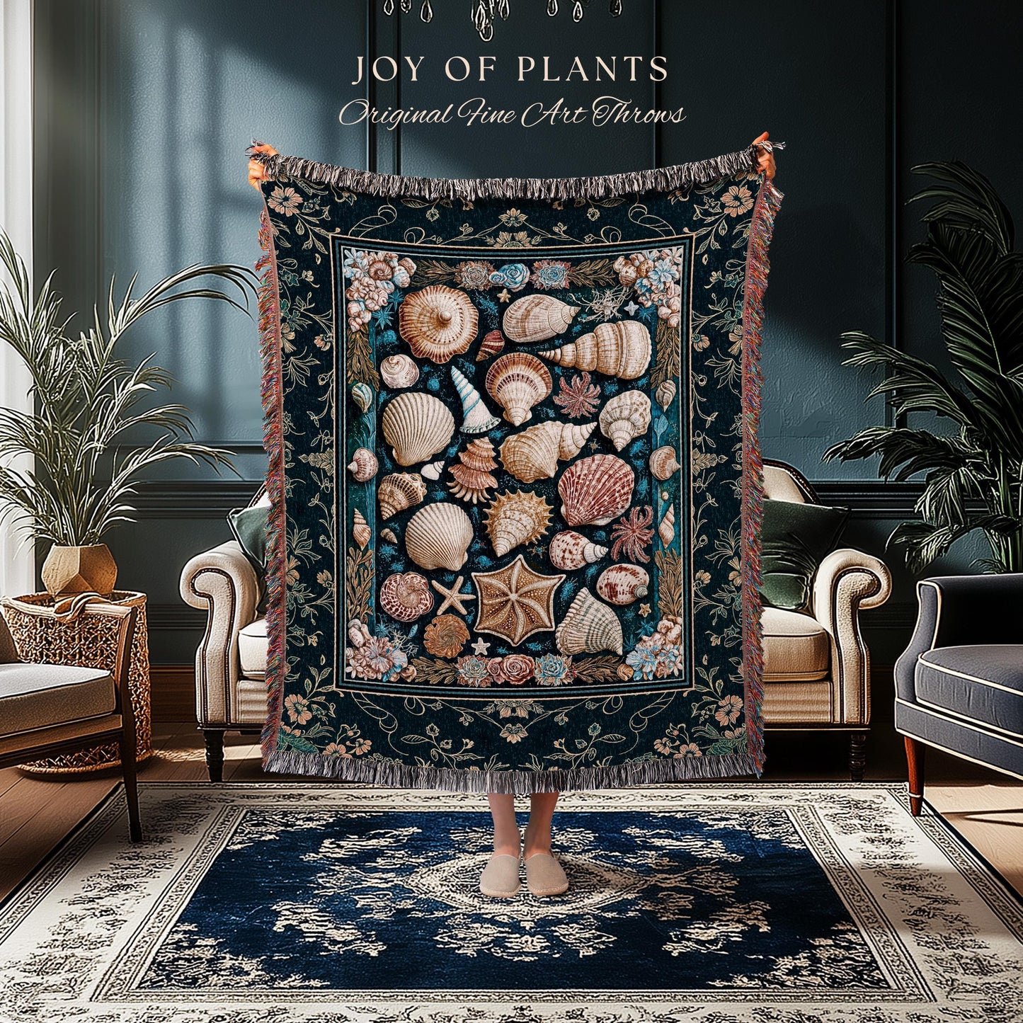 Eclectic Shell Collage Cozy Throw Blanket | Summer Beach House Nautical Bedding Maximalist Aesthetic Mermaidcore Coastal Woven Wall Tapestry