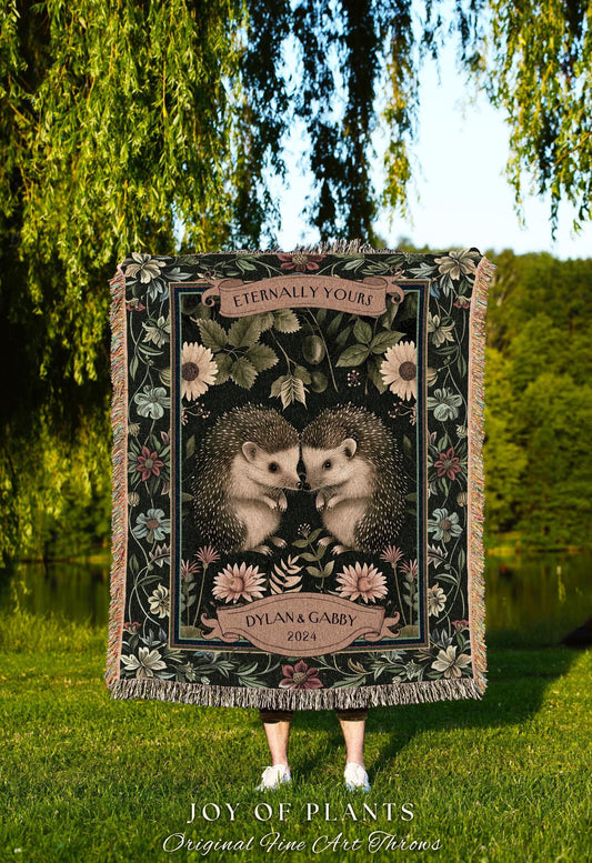 Custom Names Hedgehog Couple Blanket | Sentimental Anniversary Tapestry Woven Scandinavian Folk Wedding Custom Name Hedge Hog Gifts Floral