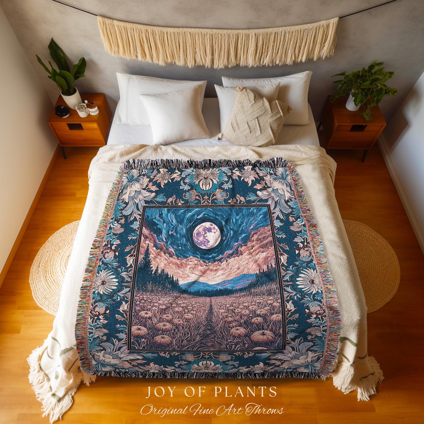 Witchy Night Sky Full Moon Blanket | Pastel Fall Decoration Cozy Autumn Tapestry Pumpkin Patch Whimsigoth Aesthetic Spooky Dark Academia |