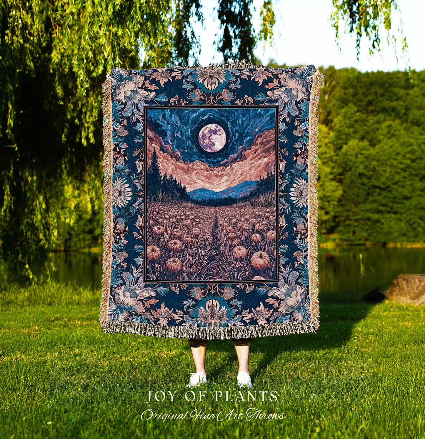Witchy Night Sky Full Moon Blanket | Pastel Fall Decoration Cozy Autumn Tapestry Pumpkin Patch Whimsigoth Aesthetic Spooky Dark Academia |