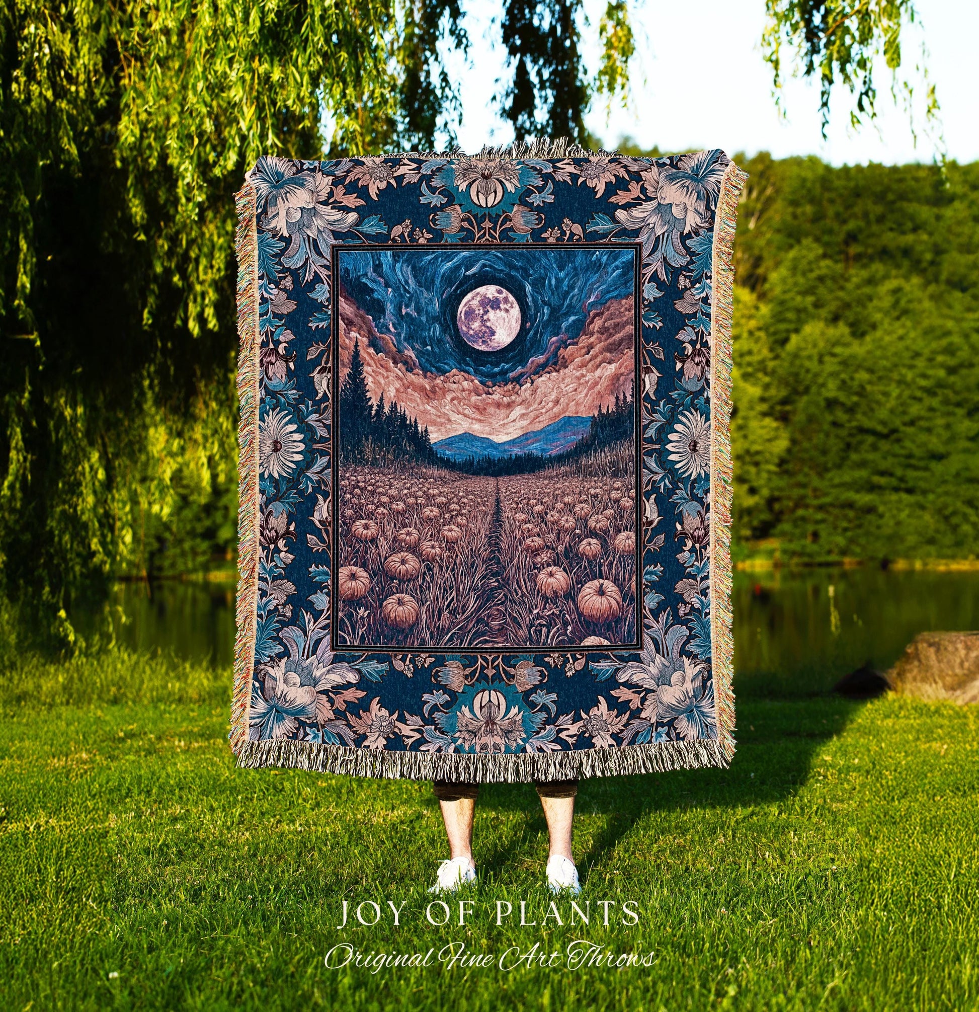 Witchy Night Sky Full Moon Blanket | Pastel Fall Decoration Cozy Autumn Tapestry Pumpkin Patch Whimsigoth Aesthetic Spooky Dark Academia |