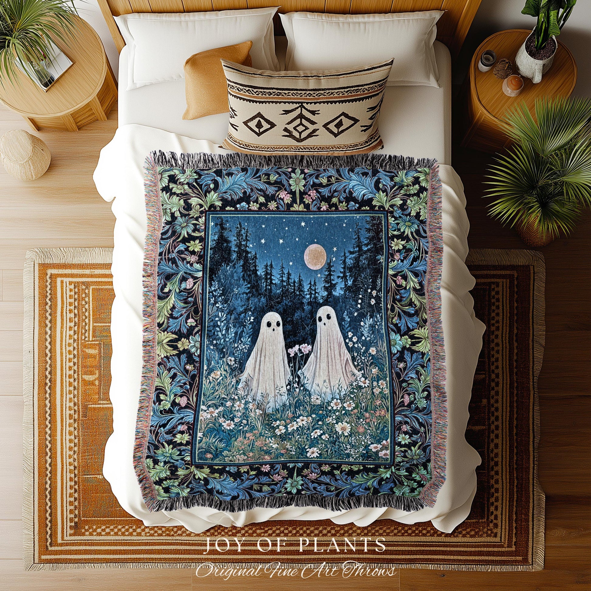 Mystic Meadow Full Moon Spirit Blanket | Indigo Starry Sky Woven Tapestry Ghost Halloween Decor Autumn Whimsical Garden Cottagecore Throw |