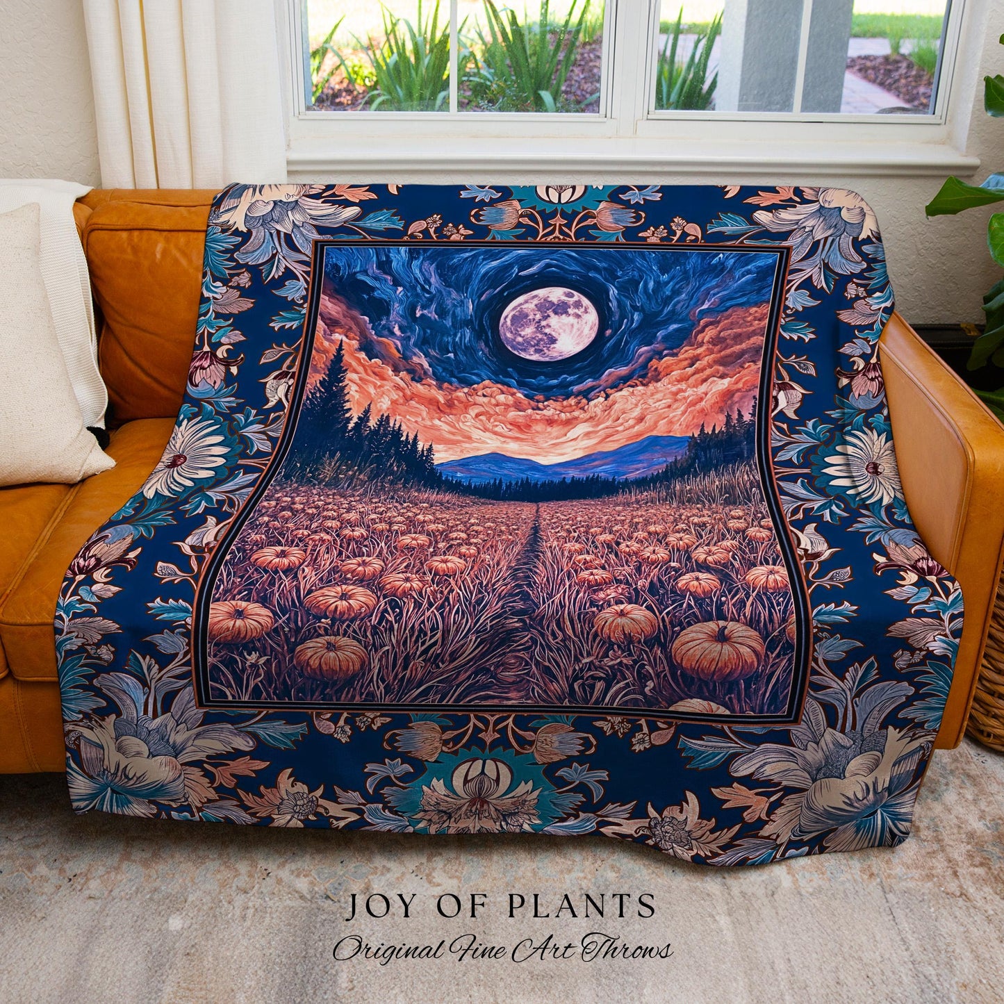 Witchy Night Sky Full Moon Blanket | Pastel Fall Decoration Cozy Autumn Tapestry Pumpkin Patch Whimsigoth Aesthetic Spooky Dark Academia |