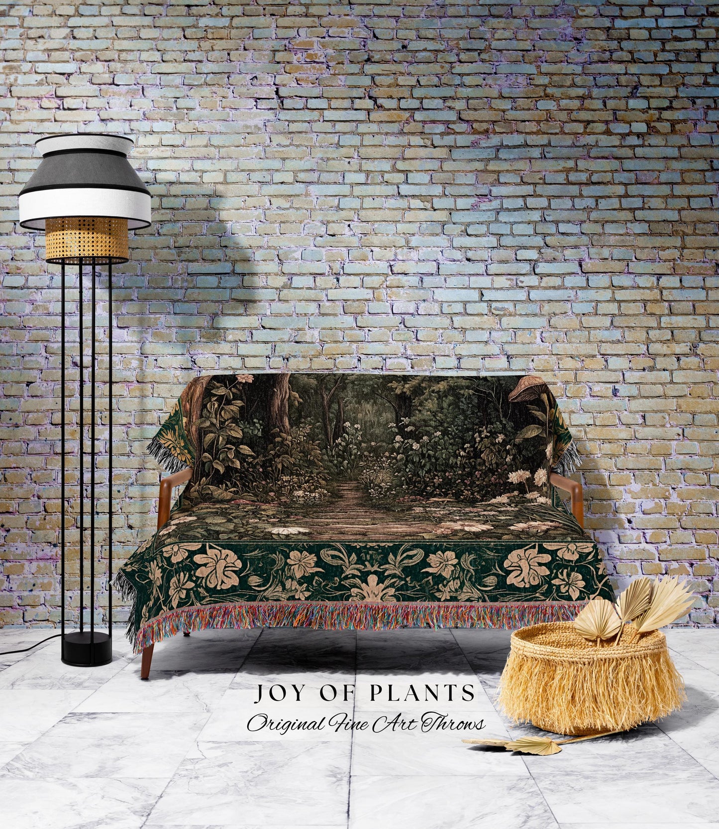 Botanical Bedroom Throw Blanket Fairycore | Woodland Mushroom Aesthetic Nature Lover Book Nook Wall Tapestry Woven Emerald Green Decor |