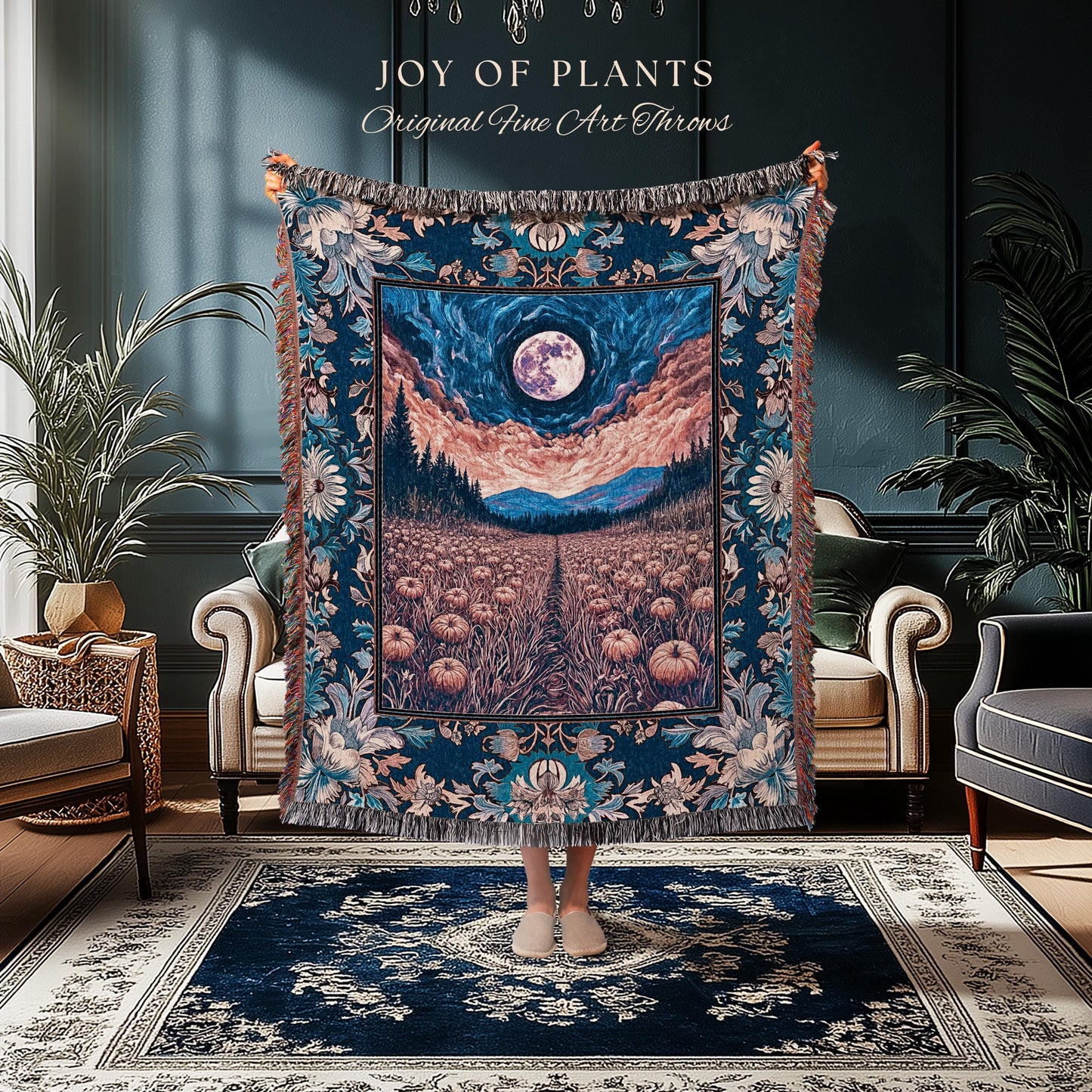 Witchy Night Sky Full Moon Blanket | Pastel Fall Decoration Cozy Autumn Tapestry Pumpkin Patch Whimsigoth Aesthetic Spooky Dark Academia |