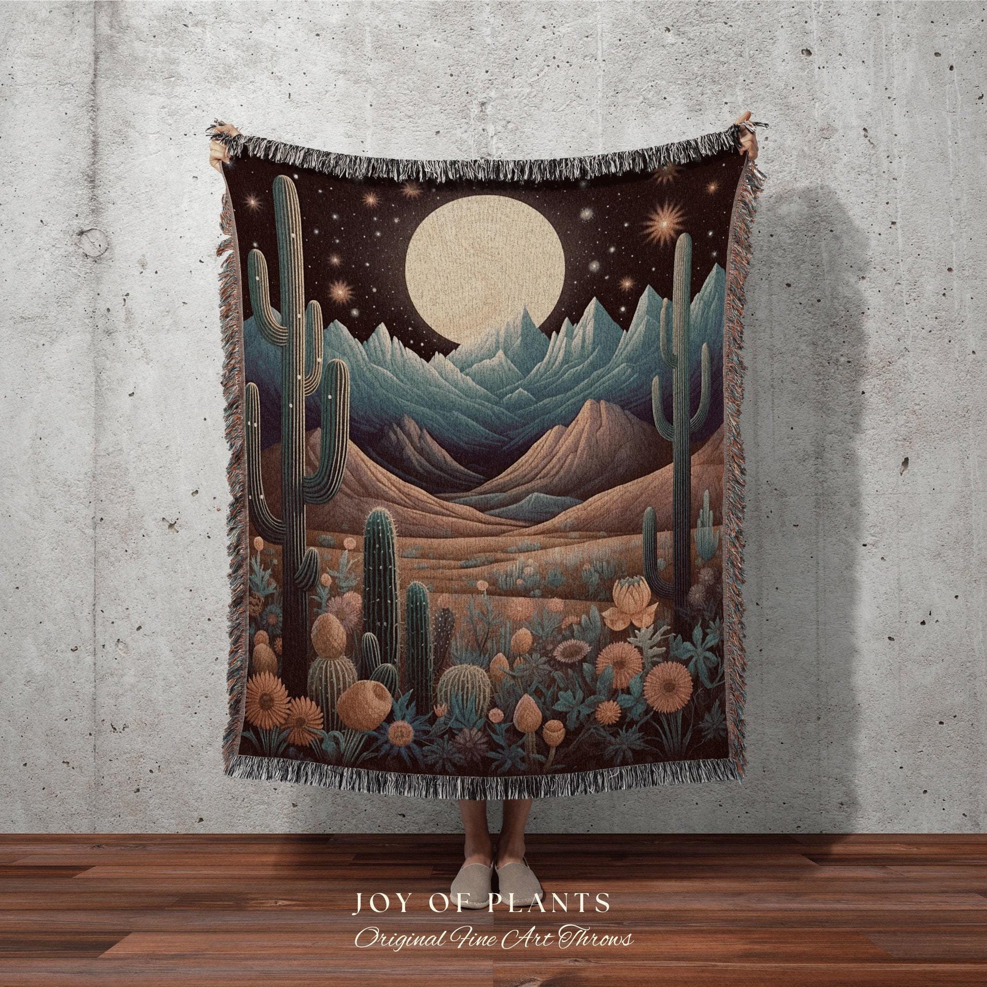 Vintage Desert Moon Blanket | Southwestern Home Decor Housewarming Gift Blanket Cactus Aesthetic Blanket Woven Tapestry Boho Desert Decor |