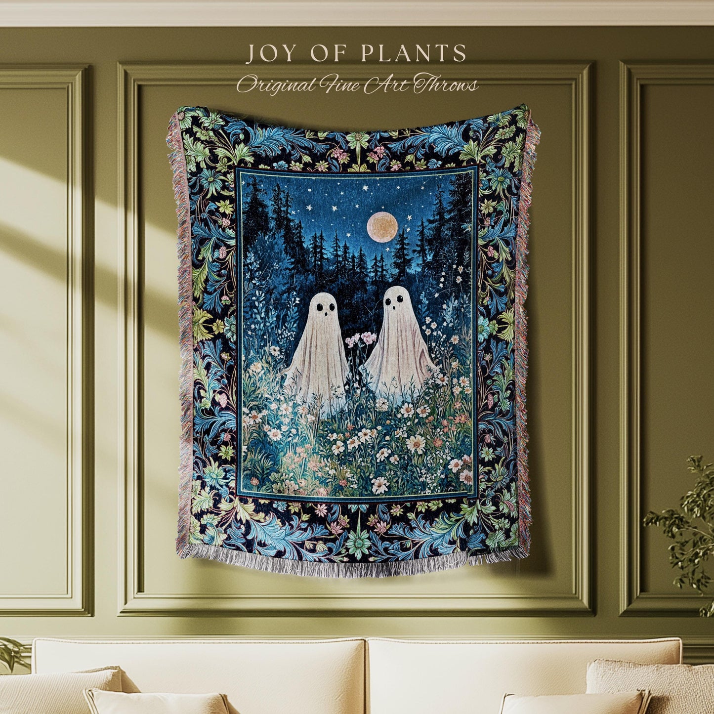 Mystic Meadow Full Moon Spirit Blanket | Indigo Starry Sky Woven Tapestry Ghost Halloween Decor Autumn Whimsical Garden Cottagecore Throw |