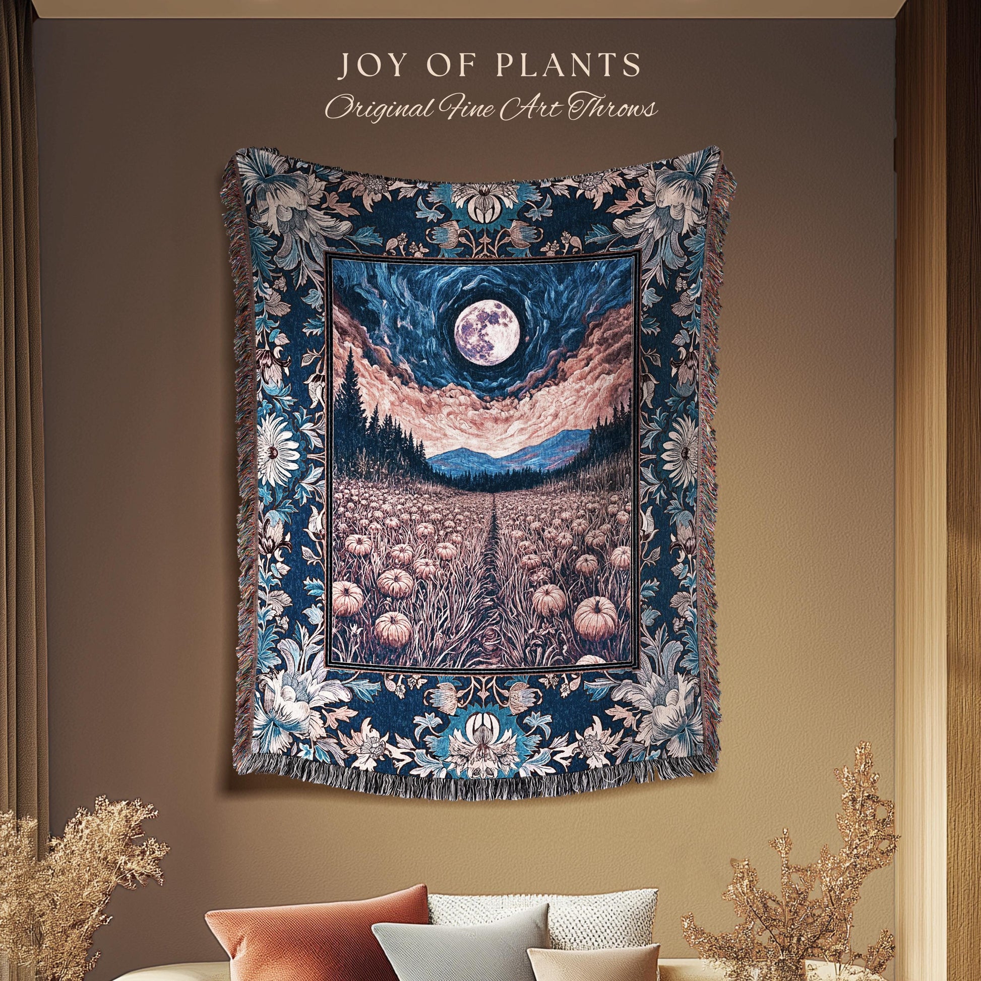 Witchy Night Sky Full Moon Blanket | Pastel Fall Decoration Cozy Autumn Tapestry Pumpkin Patch Whimsigoth Aesthetic Spooky Dark Academia |