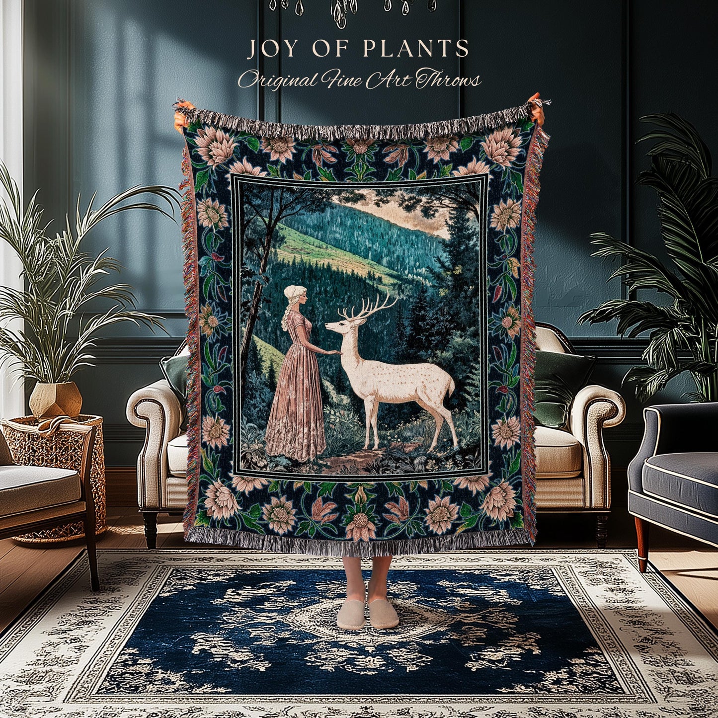 Victorian Floral Fantasy Throw Blanket | Ornate Botanical Landscape Woven Tapestry Maximalist Folklore Wall Art Whimsical Elven Princess |