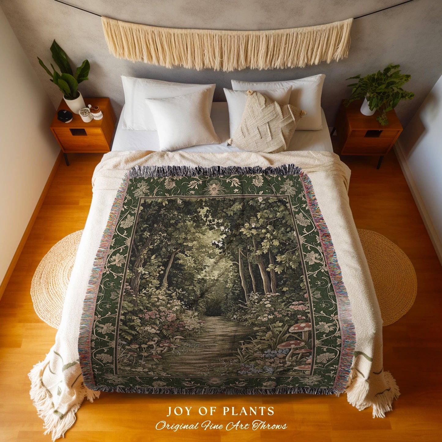 Natural Plants Ethereal Folklore Throw Blanket | Woodland Fairy Inspired Nature Lover Bedroom Cozy Earthy Woven Tapestry Mystical Floral |