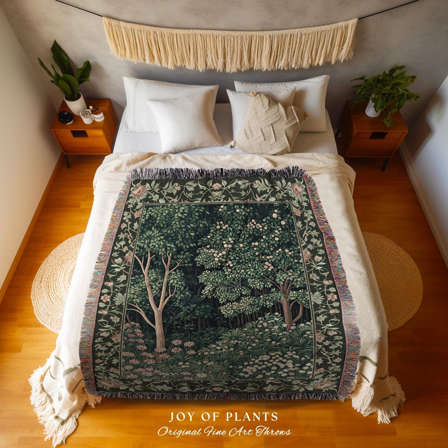 Medieval Forest Botanical Accent Throw | Woodland Botanical Emerald Green Vintage Aesthetic Mystic Book Nook Woven Tapestry Blanket Magical