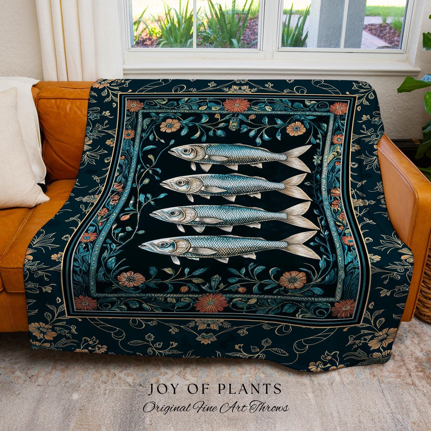 Modern Lake House Cozy Throw Blanket | Indie Coastal Themed Woven Throw Blanket Ocean Eclectic Sea Life Tapestry Sardine Wall Art Rustic |